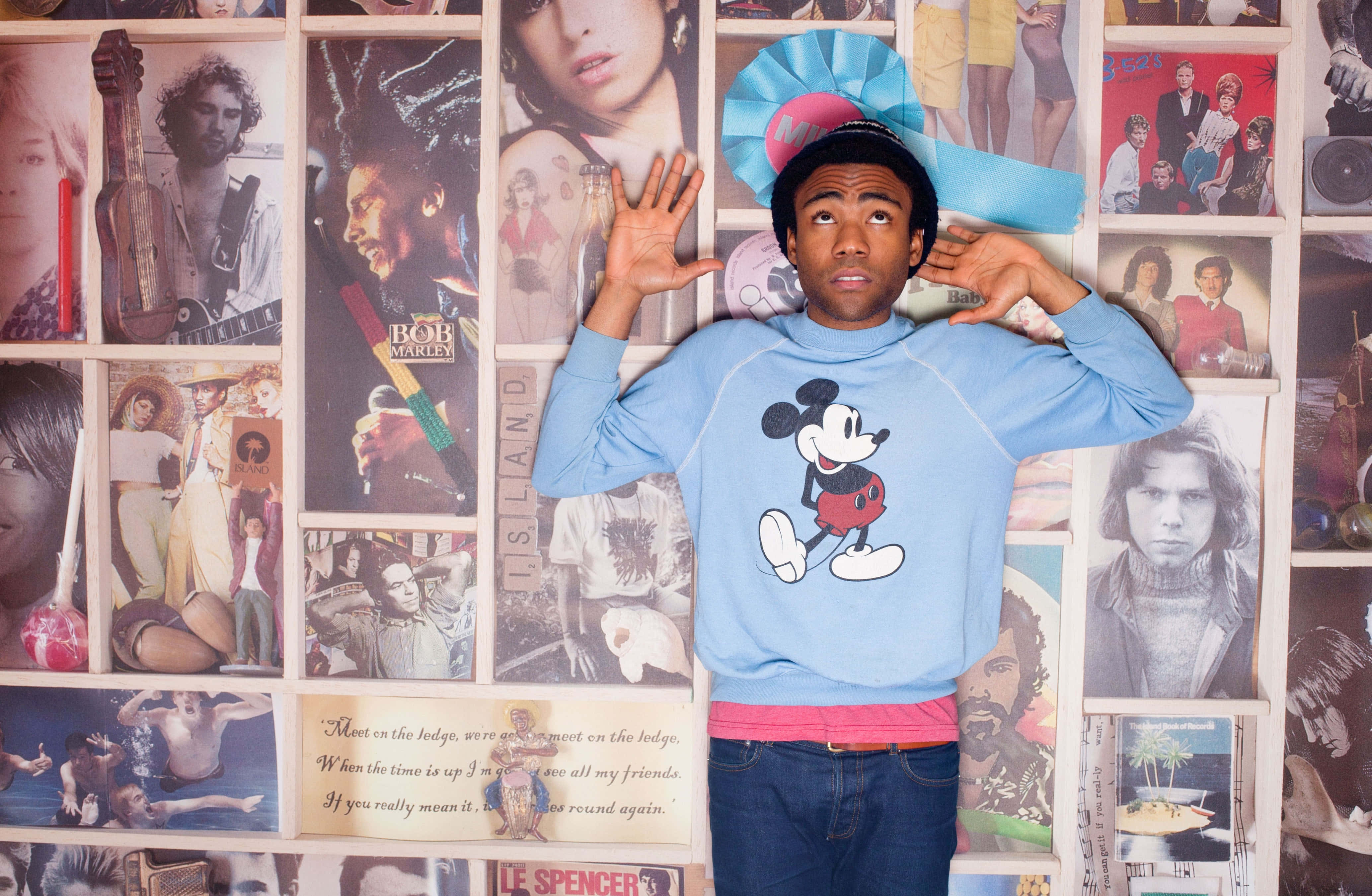 Childish Gambino, blue Mickey Mouse sweatshirt, blue Mickey Mouse hat, 4K Desktop Wallpaper