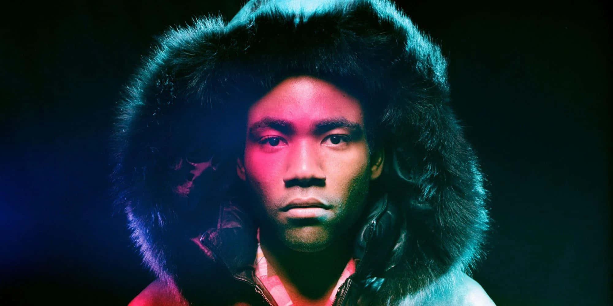 Childish Gambino, fur-lined hood, blue and pink neon lighting, Full HD Desktop Wallpaper