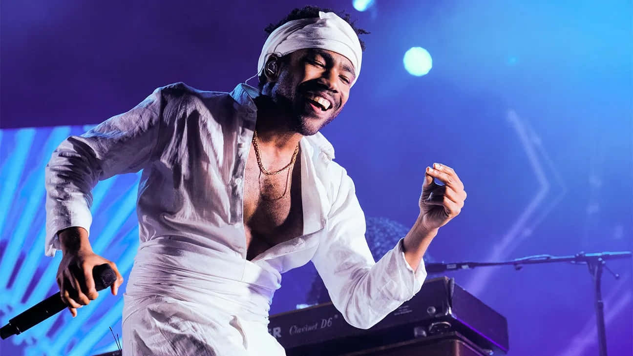 Childish Gambino, white outfit, vibrant blue lit stage, HD Desktop Wallpaper