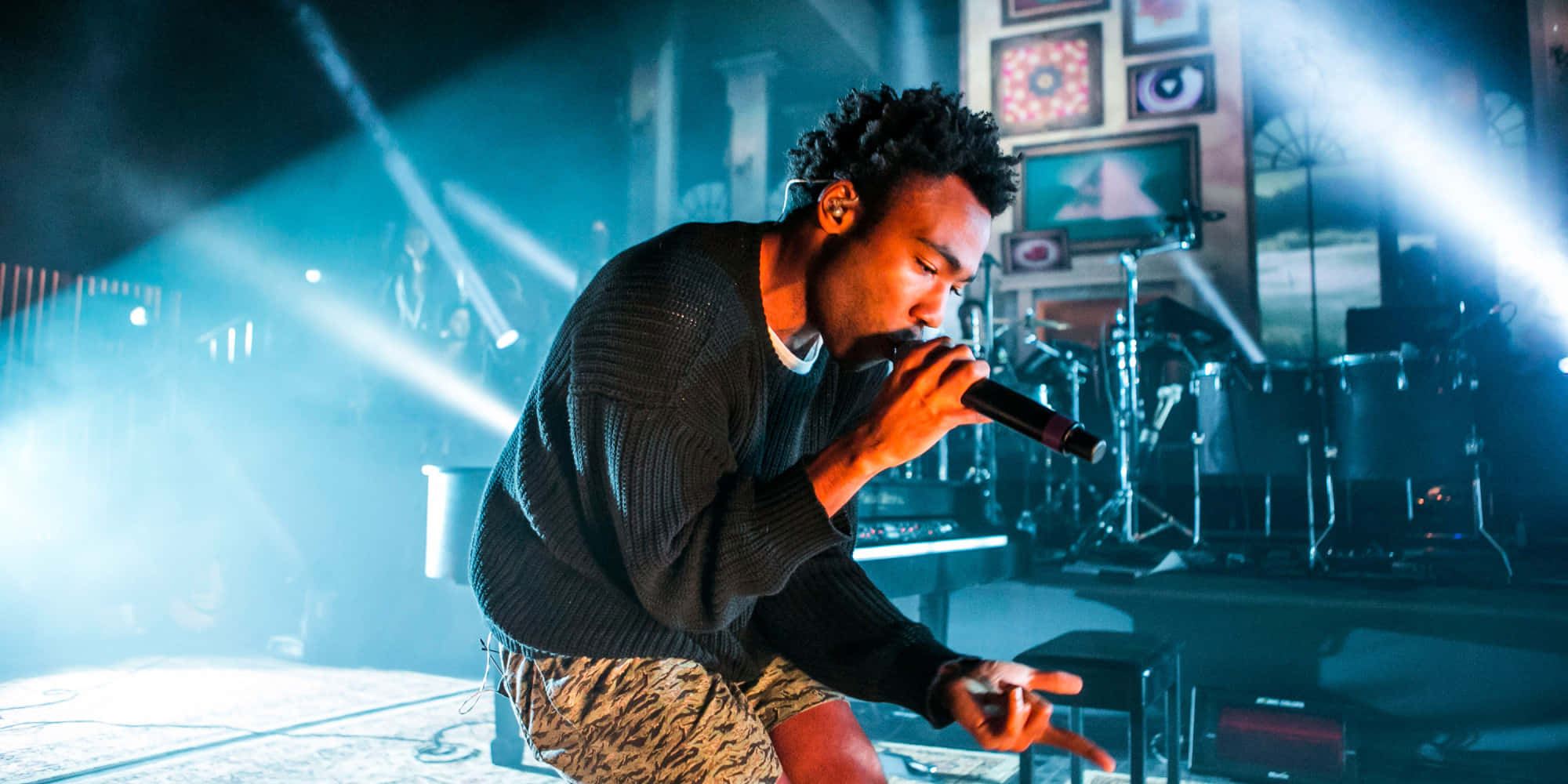 Childish Gambino, smoky stage, blue spotlights, Full HD Desktop Wallpaper