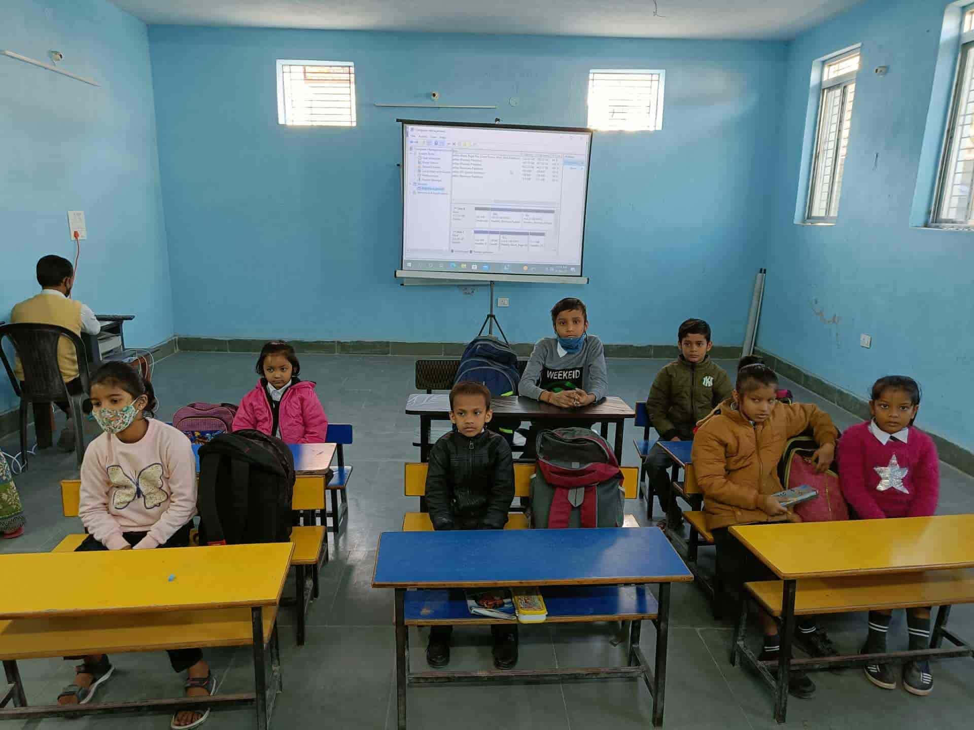 blue-walled classroom, yellow desks, projector screen, Full HD Desktop Wallpaper