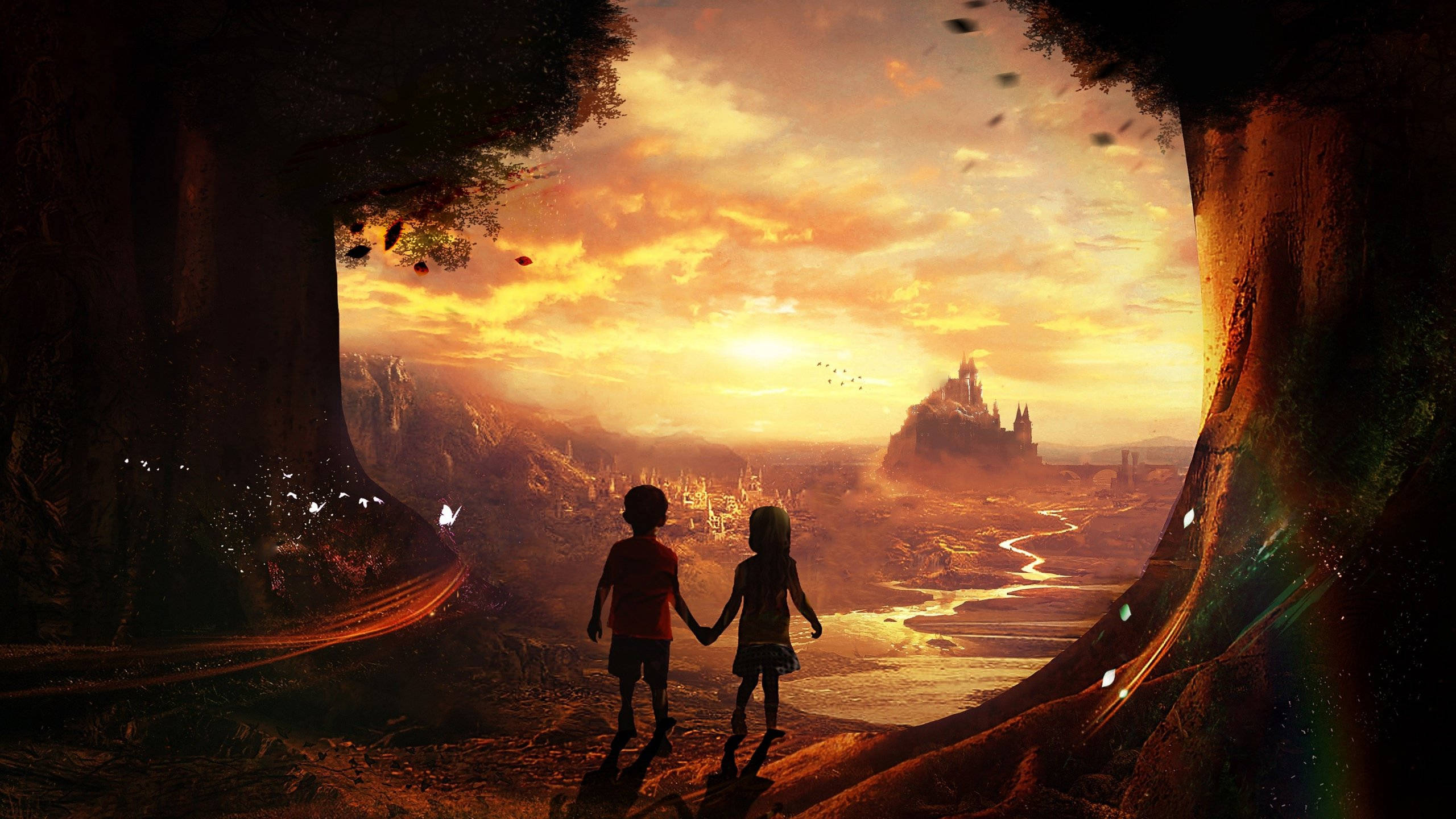 children, forest, giant tree's roots, 2K Desktop Wallpaper