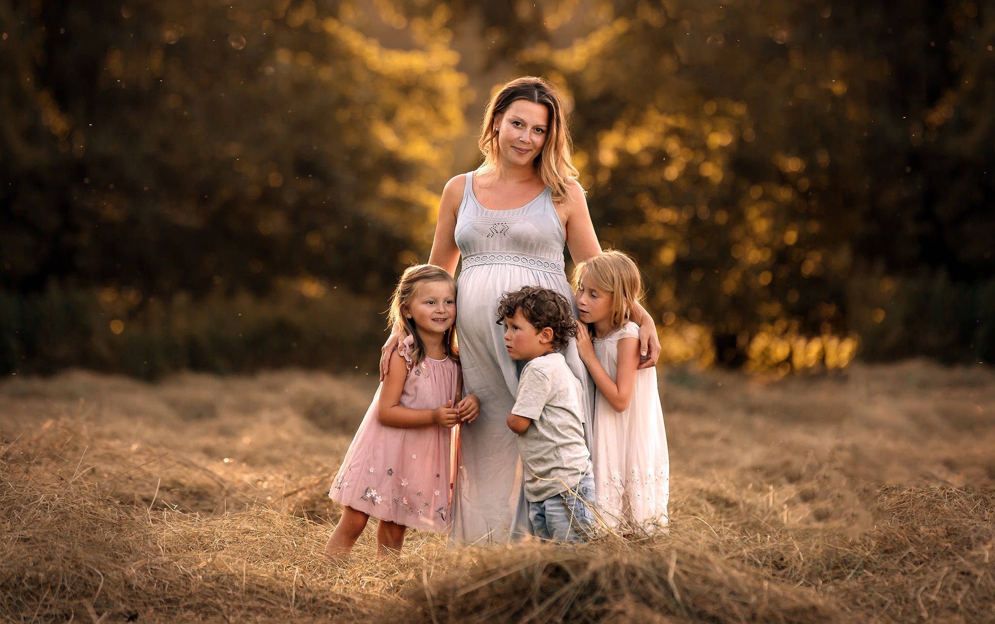 pregnant mother, three children, golden field, Full HD Desktop Wallpaper