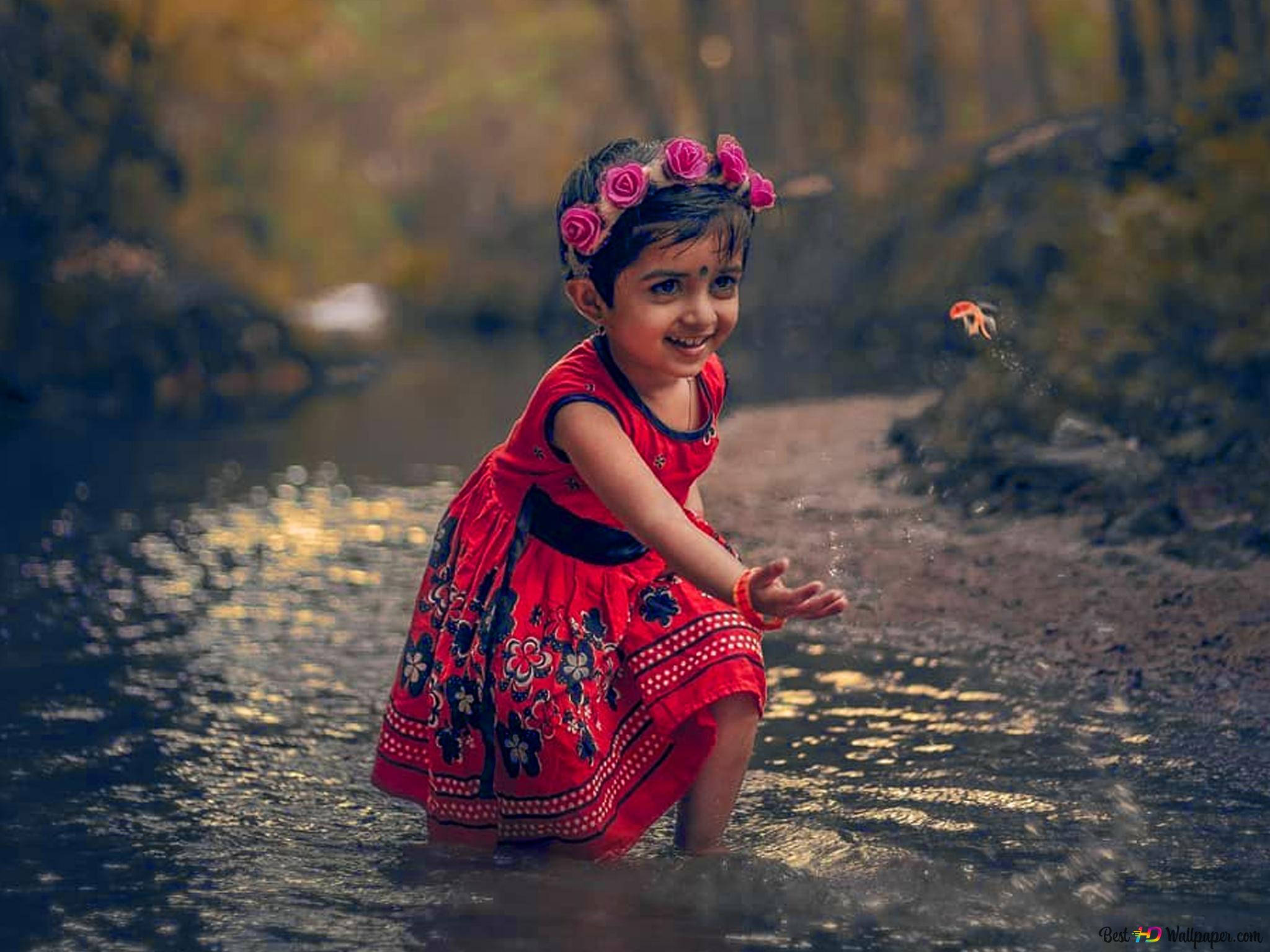 Indian girl child, red floral dress, pink rose crown, Full HD Desktop Wallpaper
