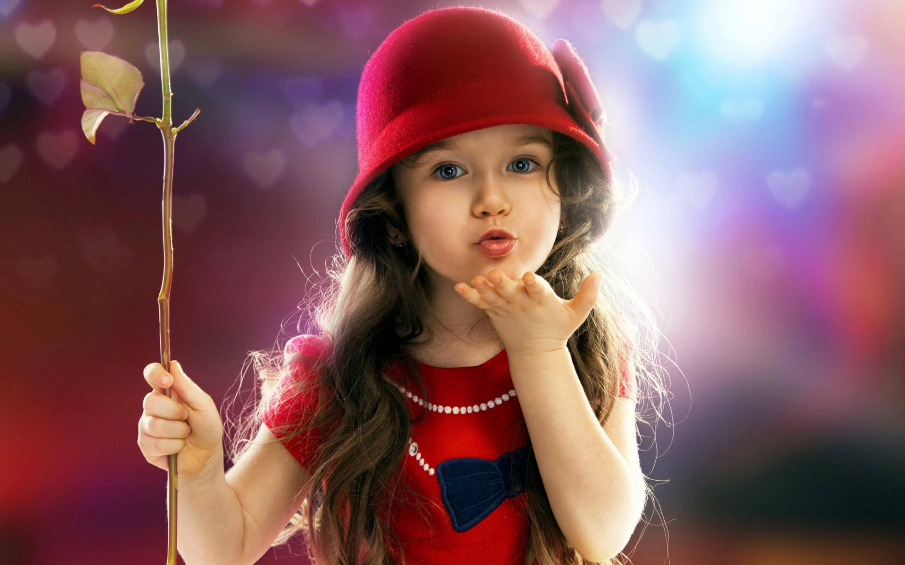 little girl, red dress, red hat, 2K Desktop Wallpaper