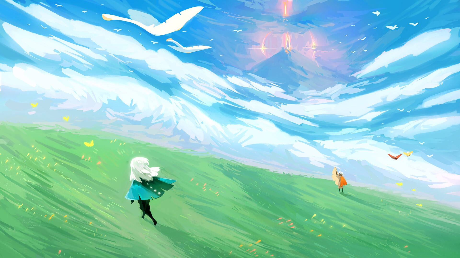 white hair, vibrant green field, dynamic blue sky, Full HD Desktop Wallpaper