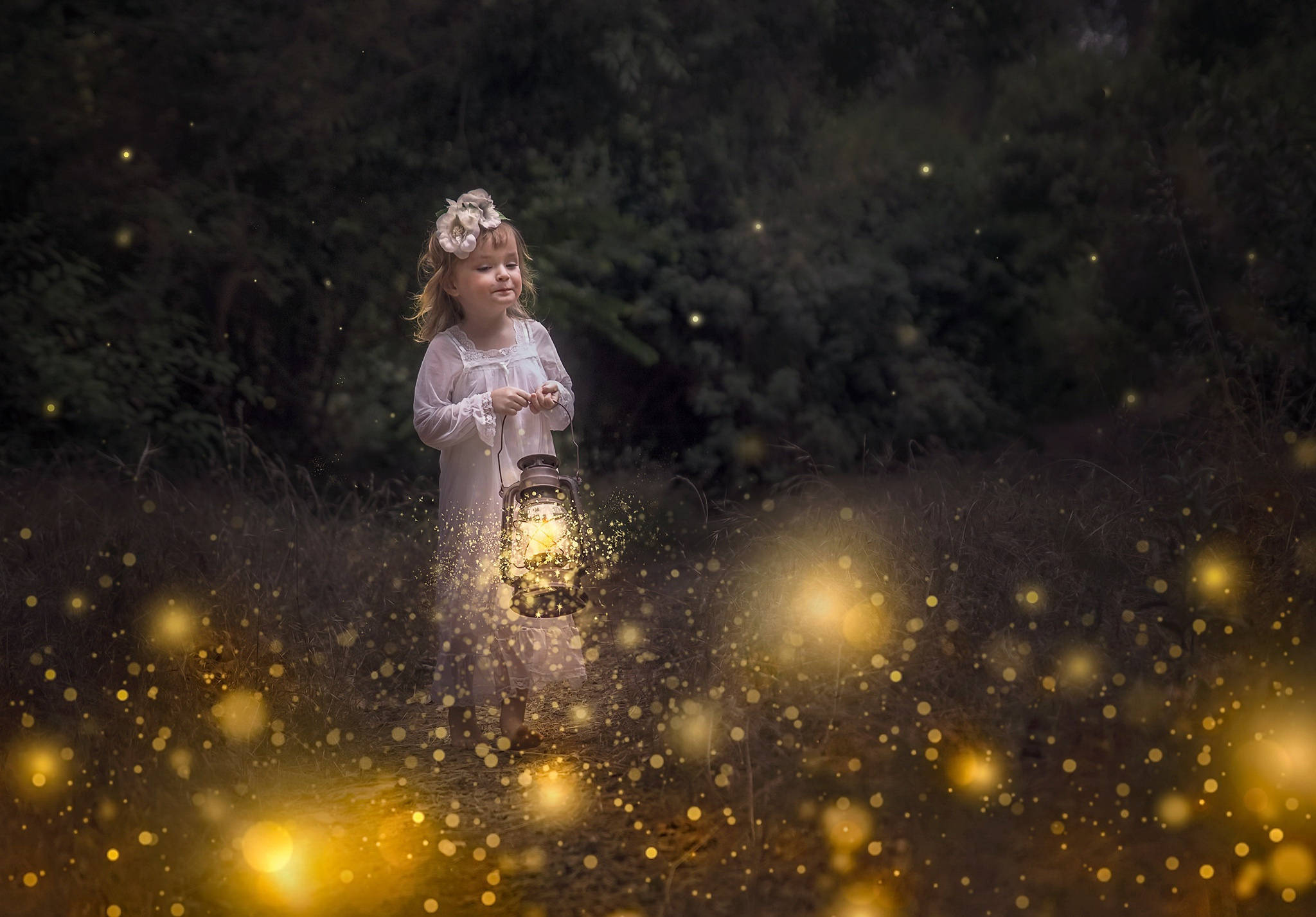 girl child, white dress, glowing lantern, Full HD Desktop Wallpaper