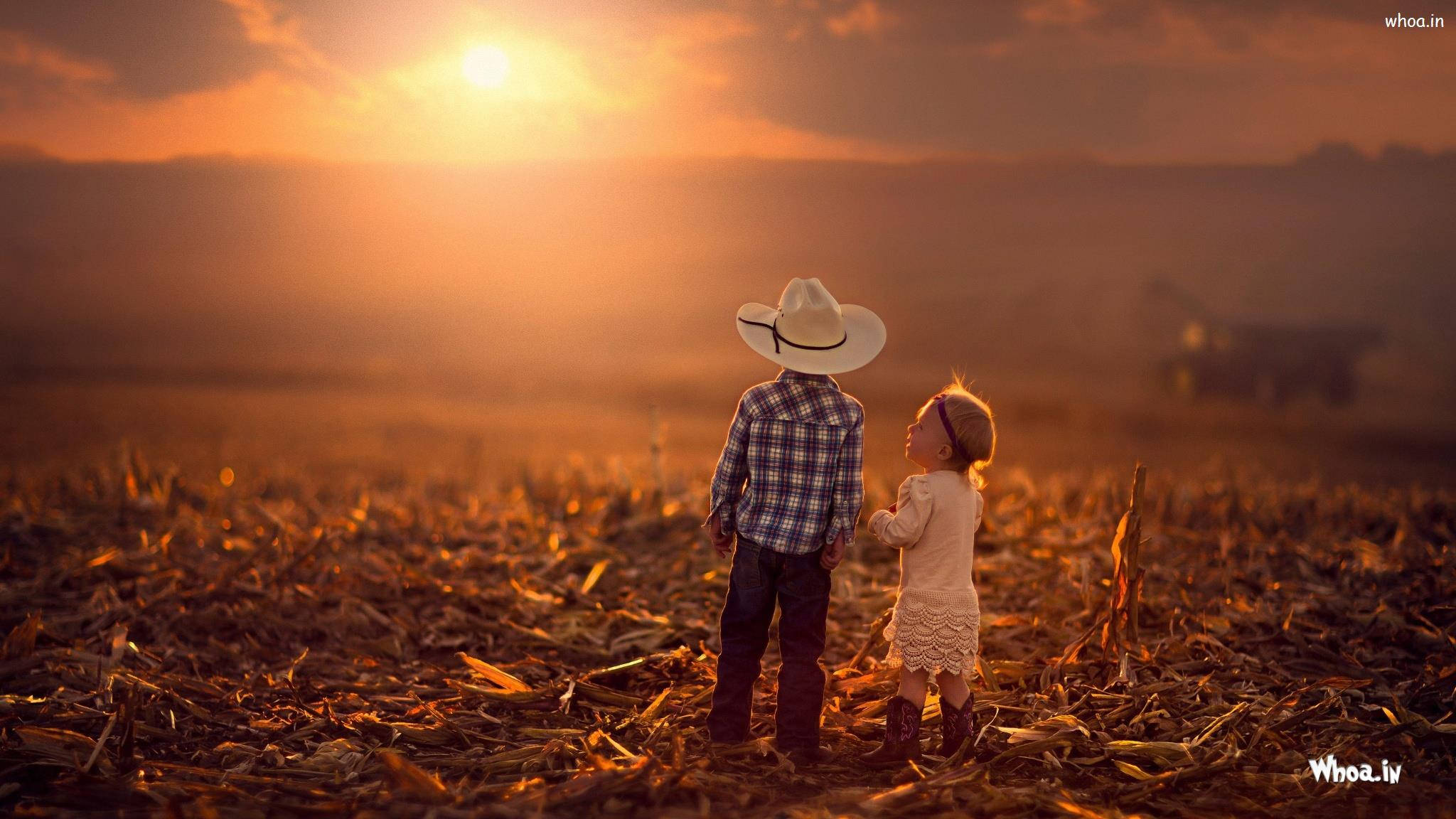 cowboy hats, orange sunset, golden harvested field, Full HD Desktop Wallpaper