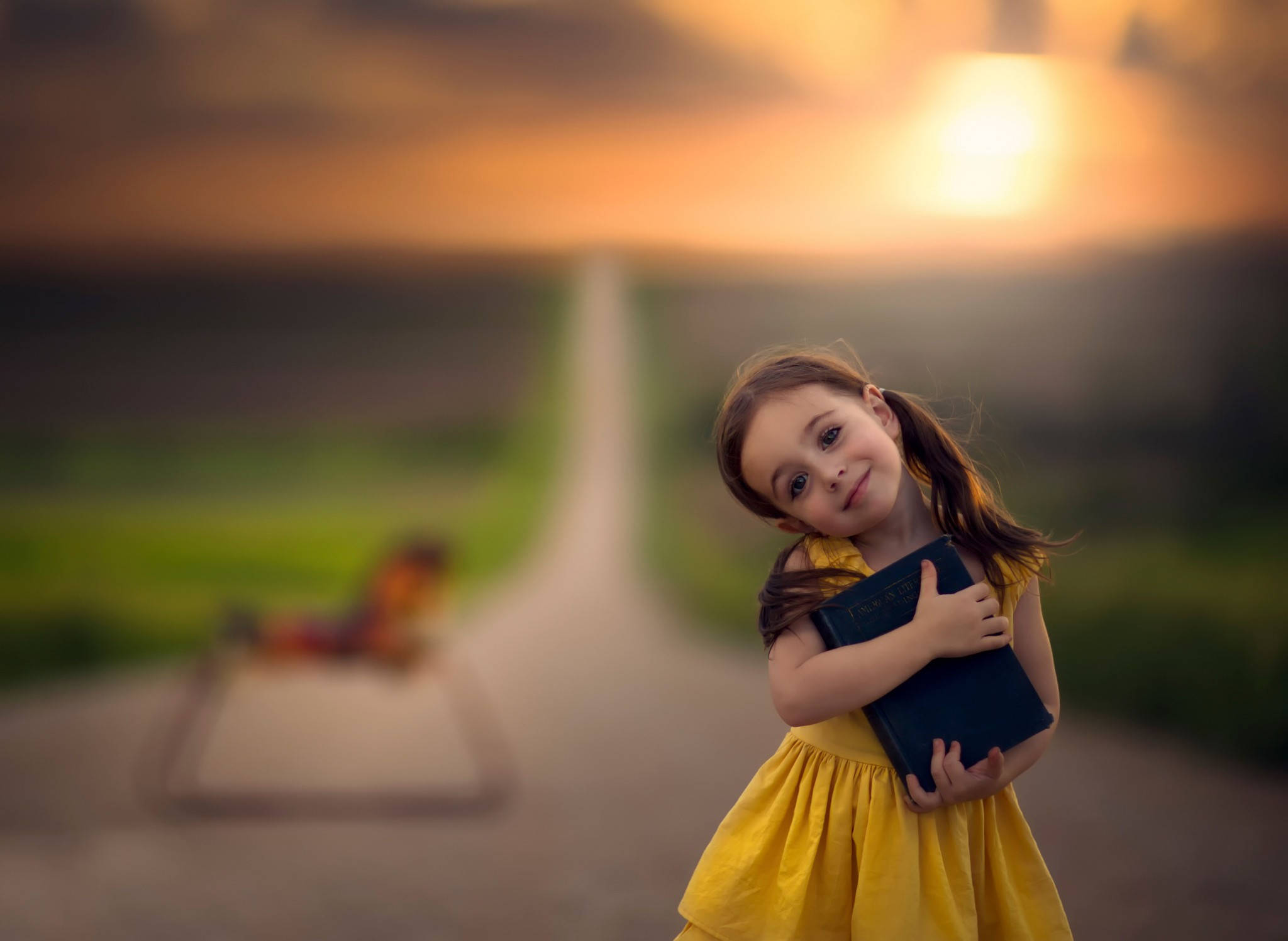 young girl, yellow dress, book, Full HD Desktop Wallpaper