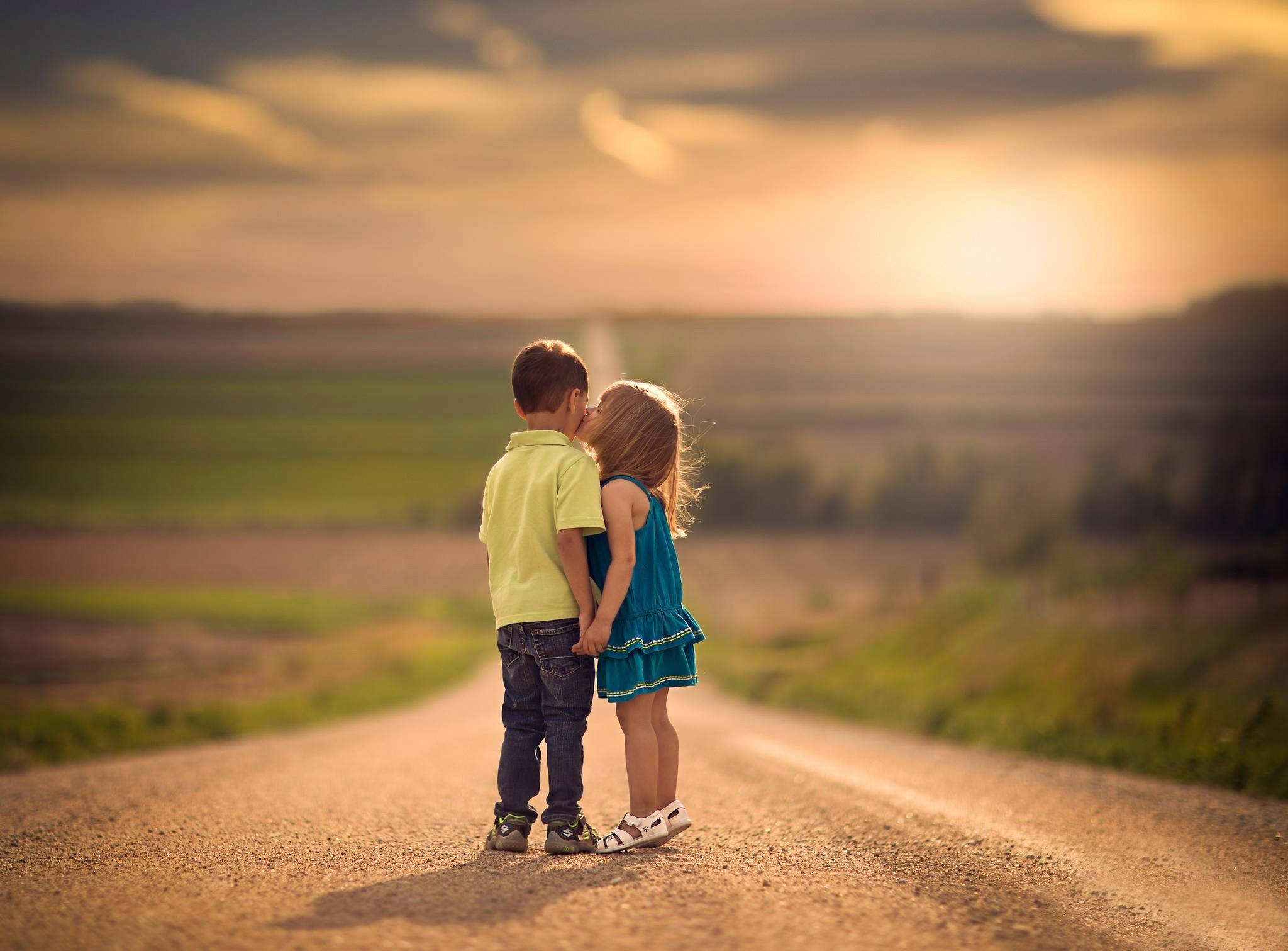 children, dirt road, sunset, Full HD Desktop Wallpaper