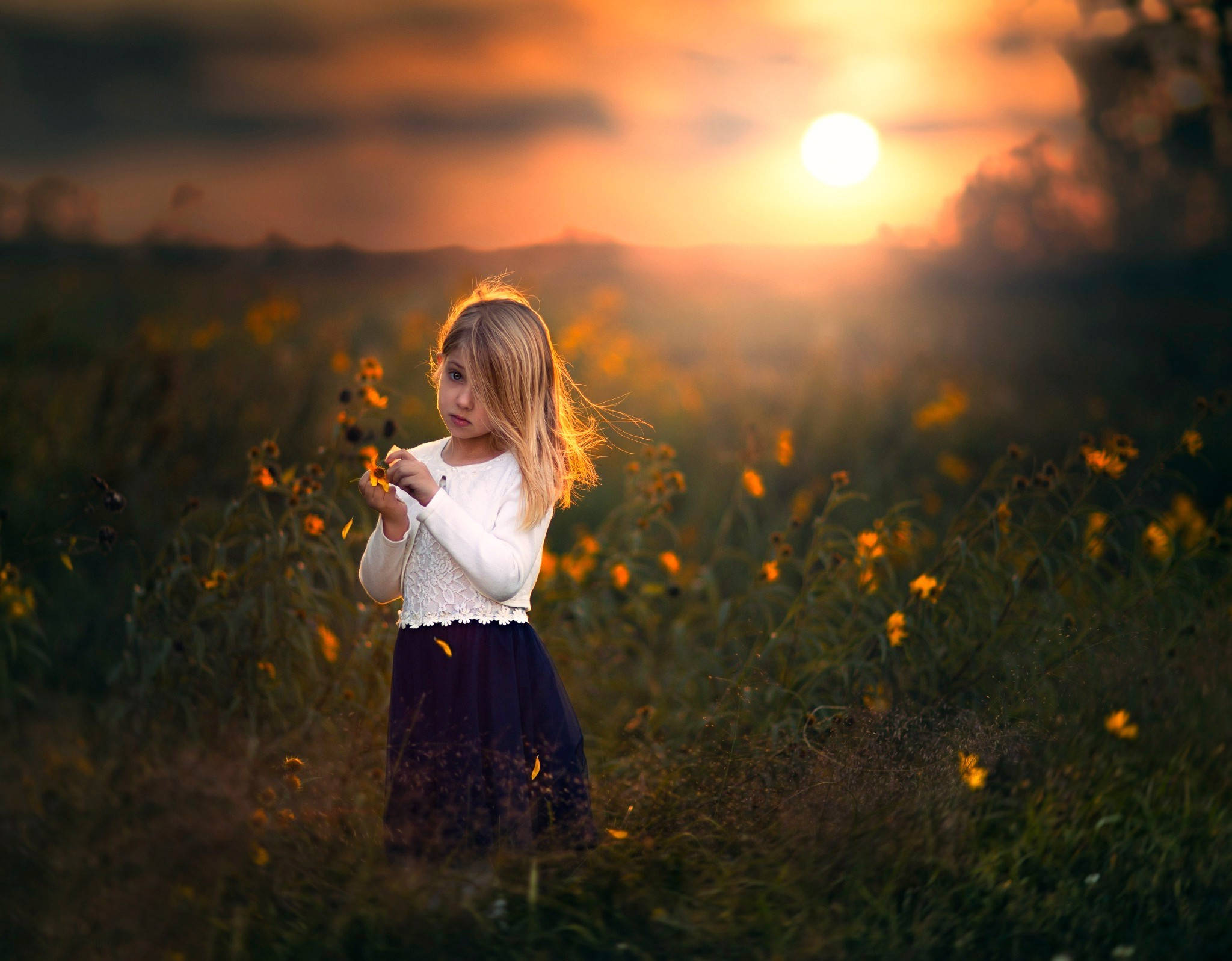 young girl, blonde hair, sunflower field, Full HD Desktop Wallpaper