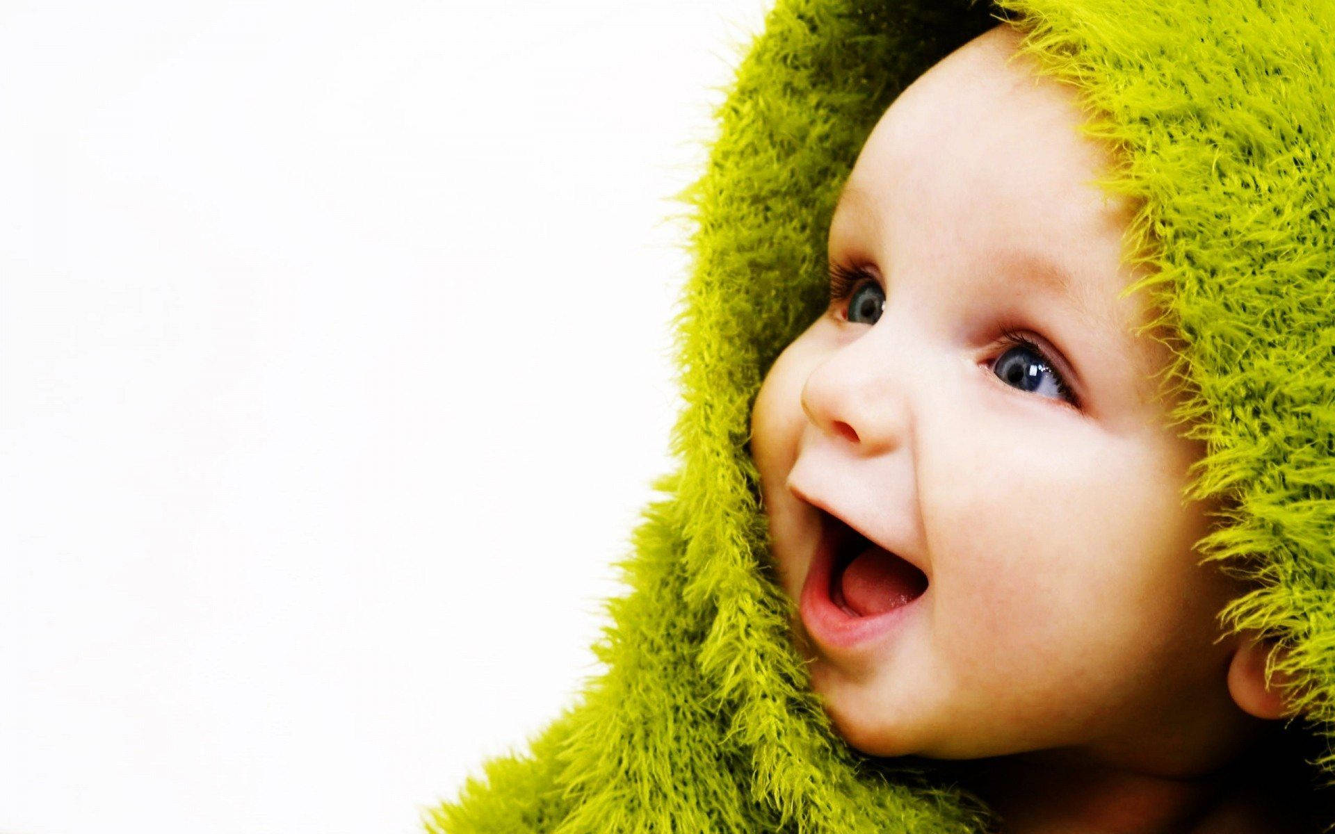 smiling cute child, green, fluffy lime green hood, Full HD Desktop Wallpaper