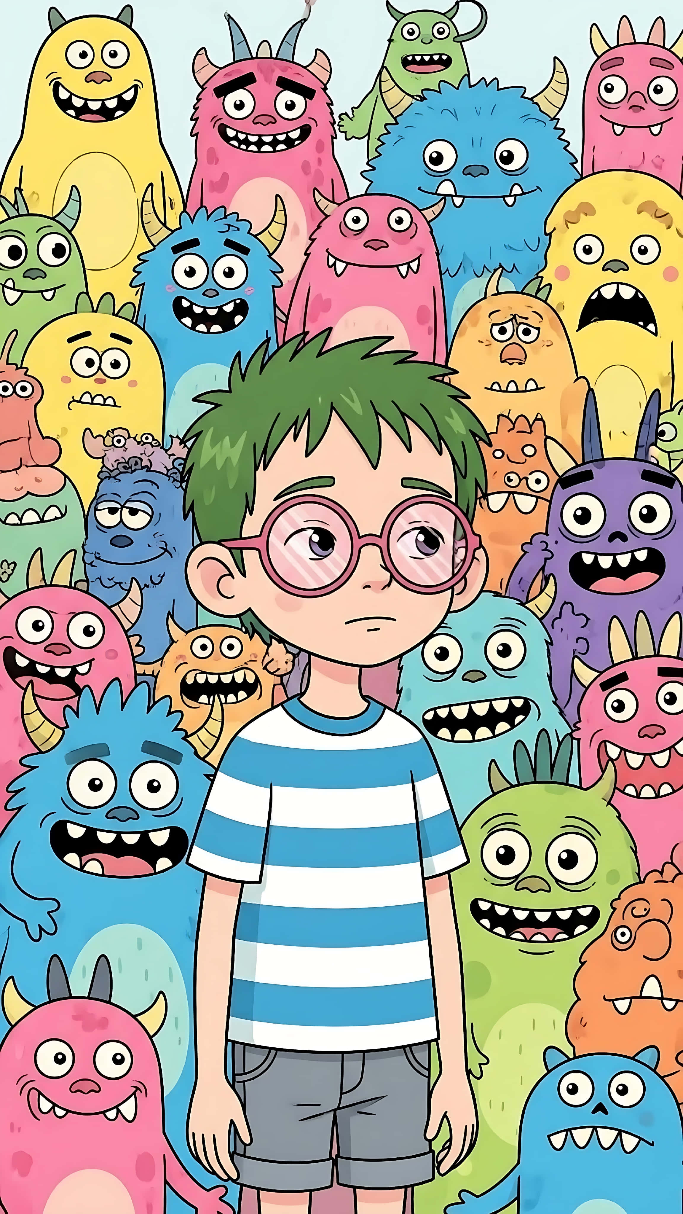 green hair, pink glasses, colorful cartoon monsters, 4K Phone Wallpaper
