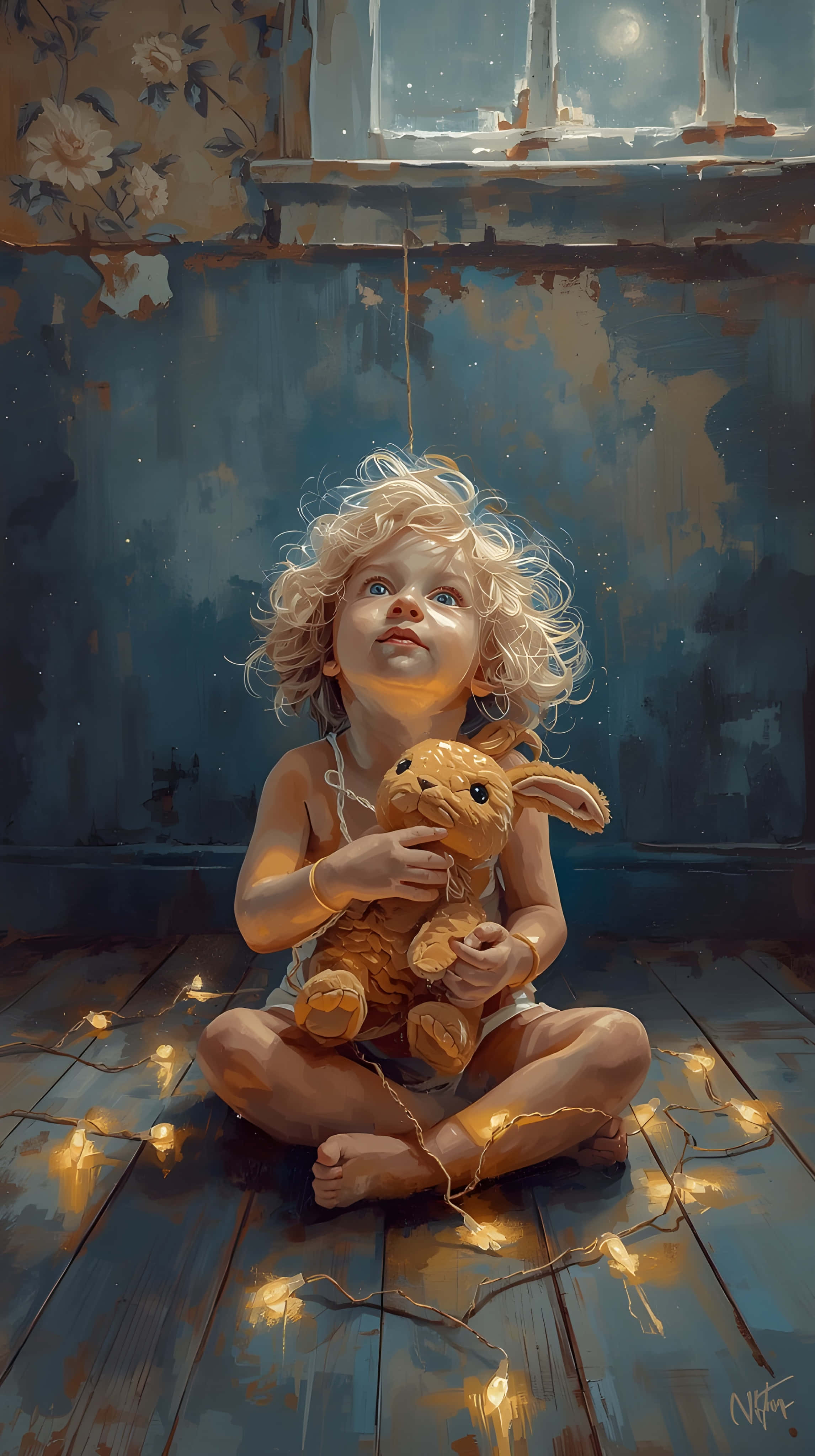 curly-haired child, stuffed rabbit, glowing fairy lights, 4K Phone Wallpaper