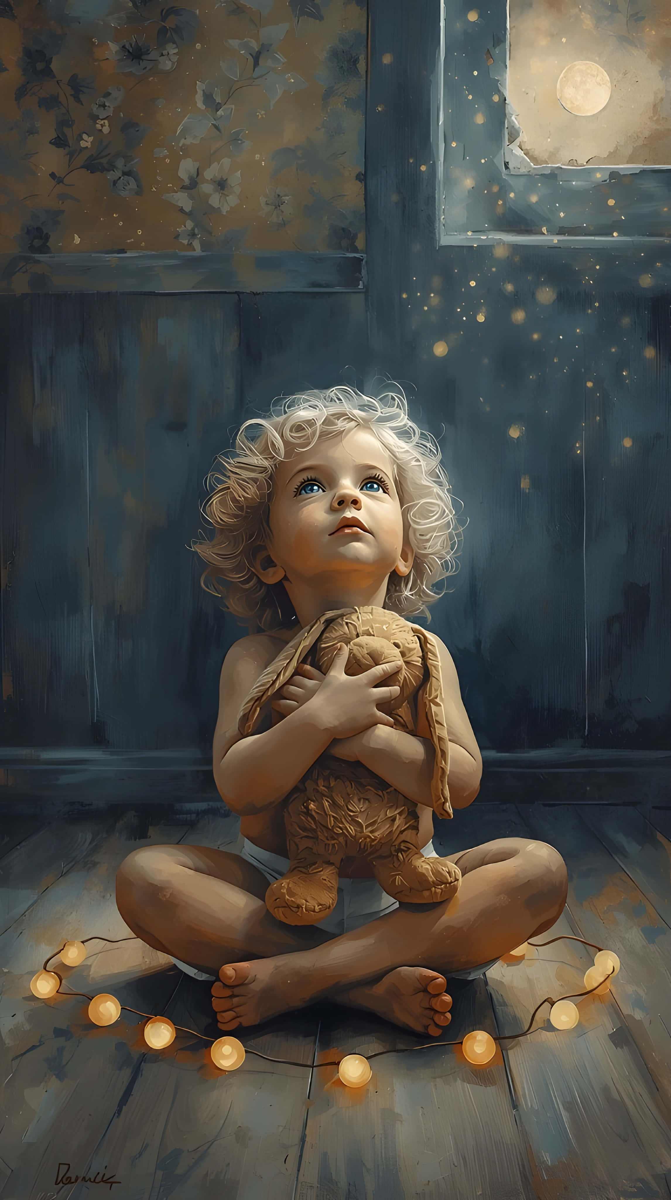 curly-haired child, worn teddy bear, warm string lights, 4K Phone Wallpaper
