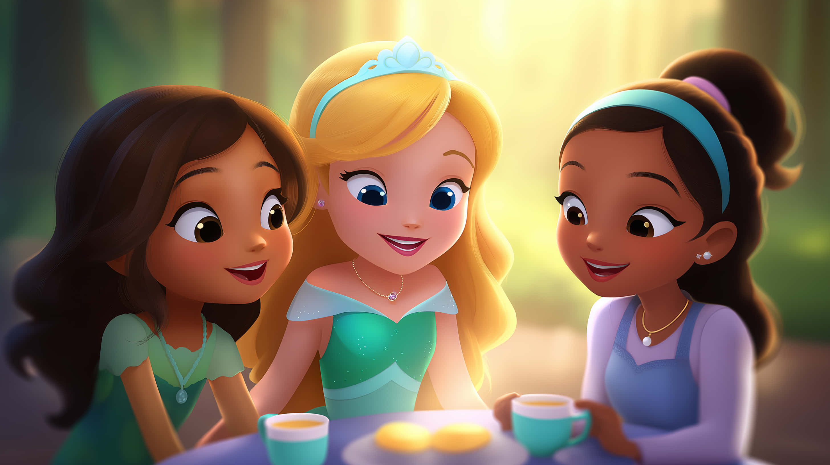 princesses, tea party, sunlit forest clearing, 2K Desktop Wallpaper