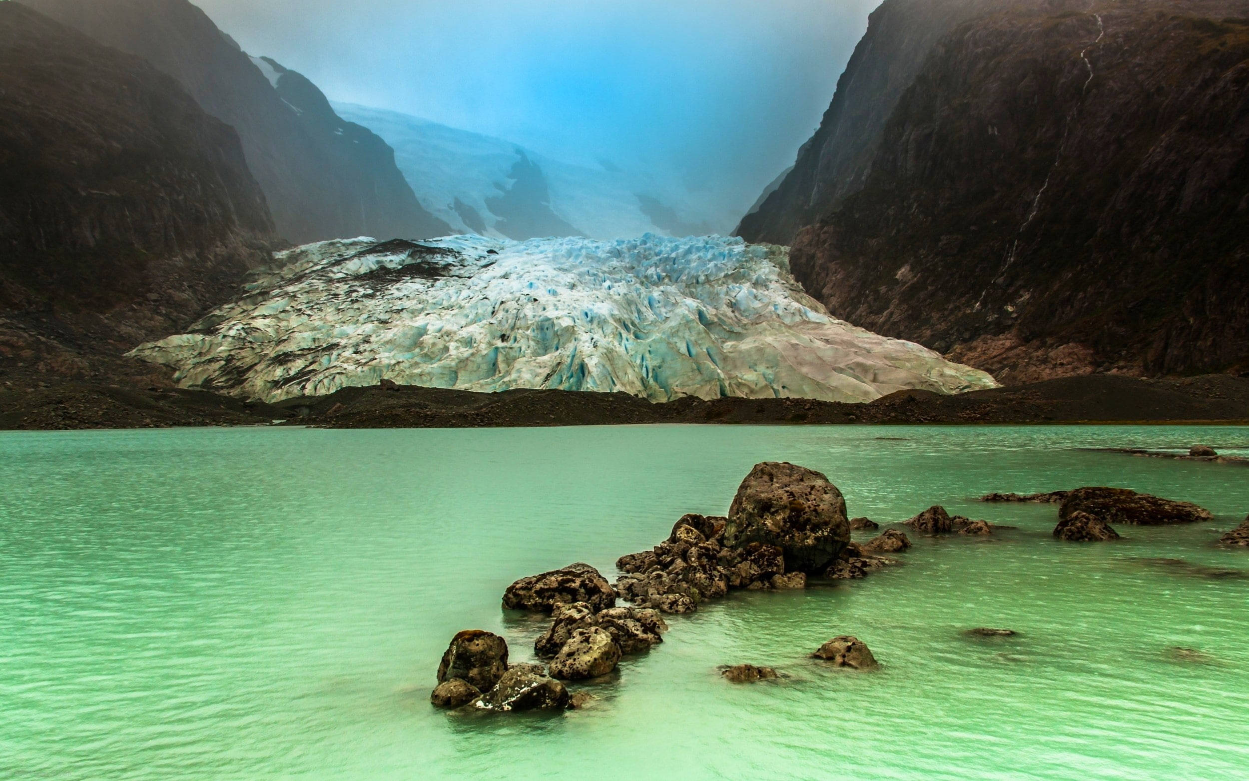 frozen lake, turquoise lake, dark mountains, Full HD Desktop Wallpaper