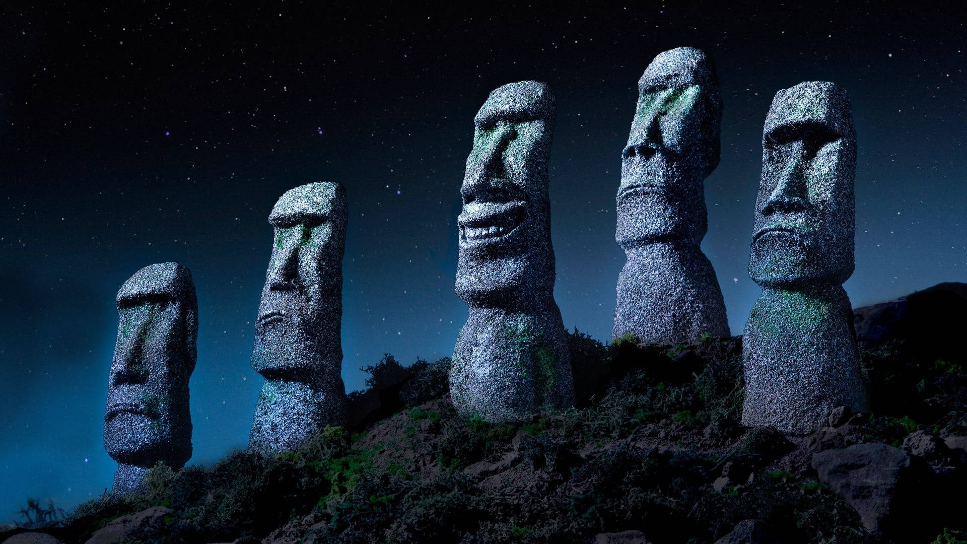 moai statues, rocky hill, starry night sky, Full HD Desktop Wallpaper