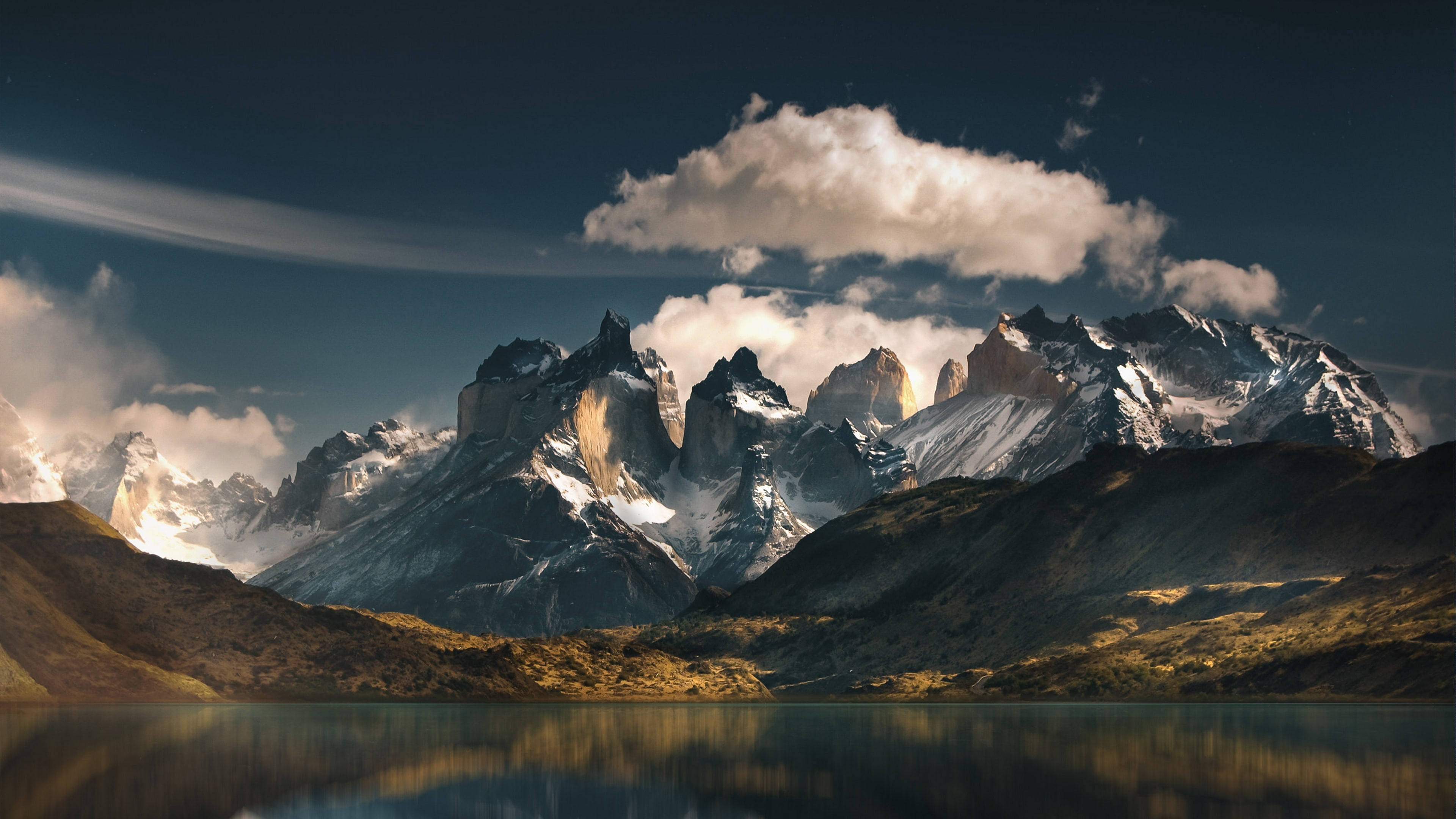 Chill 4K, snowcapped jagged peaks, calm lake, 4K Desktop Wallpaper
