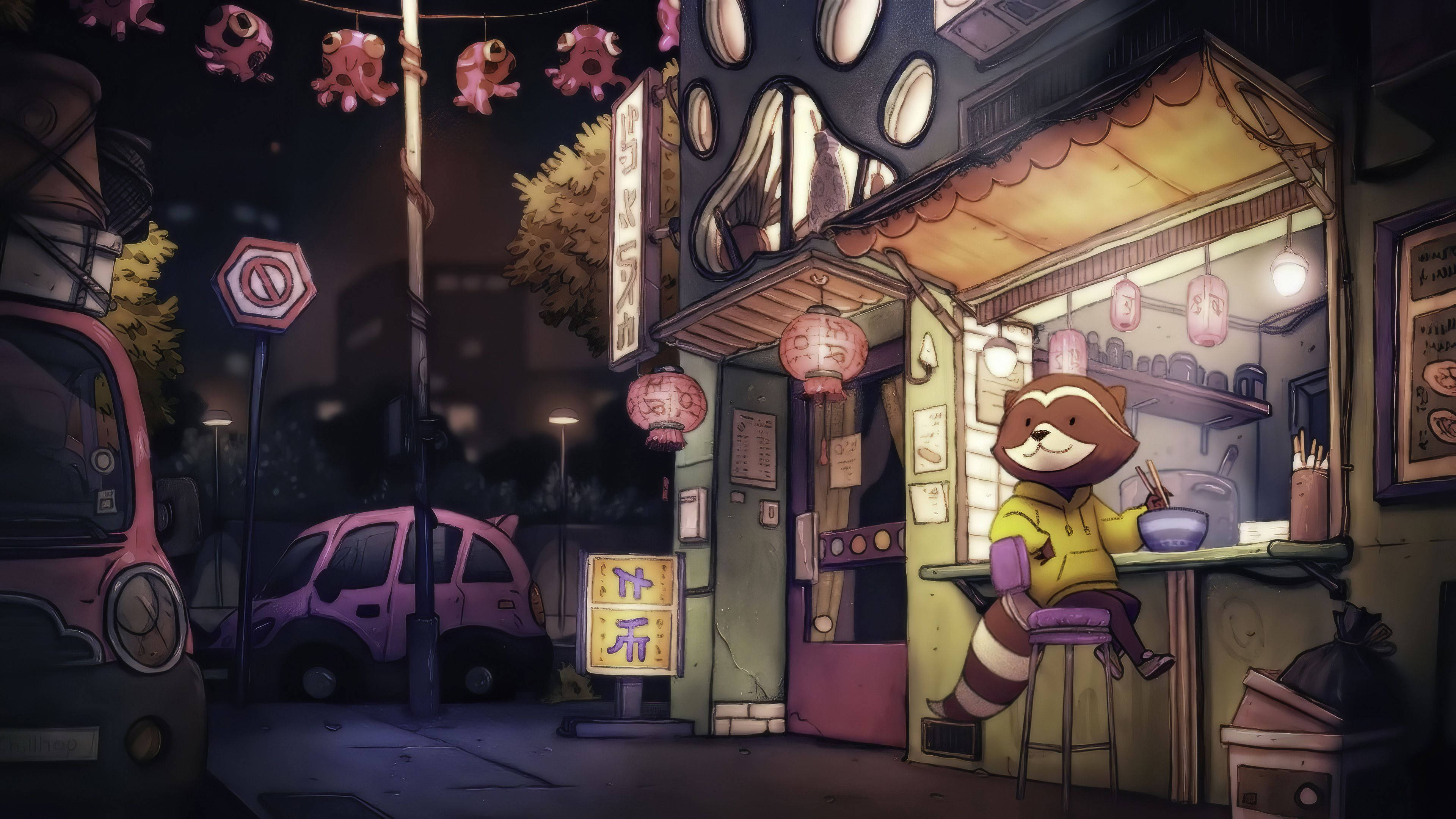 raccoon, yellow hoodie, neon-lit alleyway food stall, 4K Desktop Wallpaper
