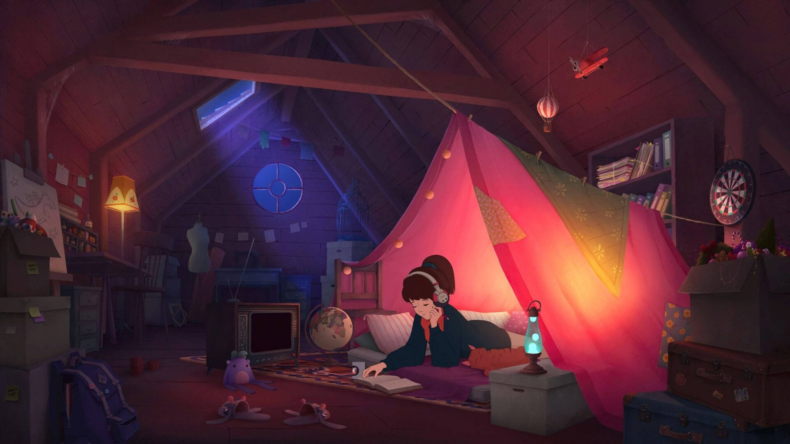 Chill 4K, attic room, glowing pink tent, 2K Desktop Wallpaper