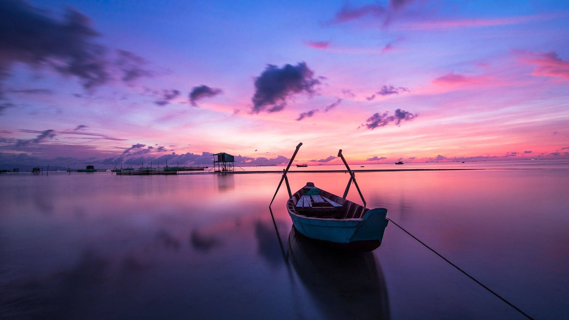 Chill 4K, blue boat, glassy water, Full HD Desktop Wallpaper