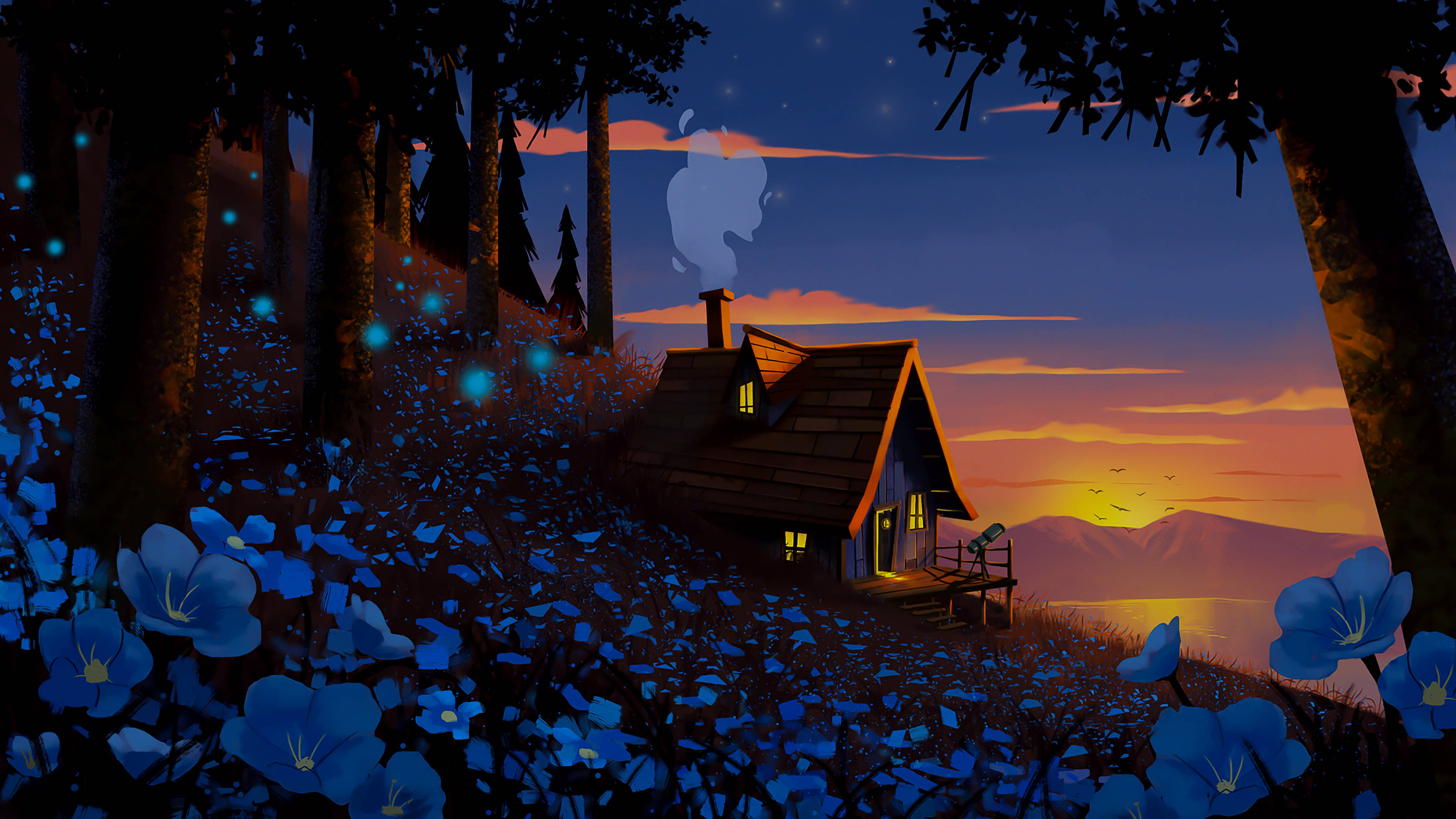 Chill 4K, mountain sunset, cozy cabin, 4K Desktop Wallpaper