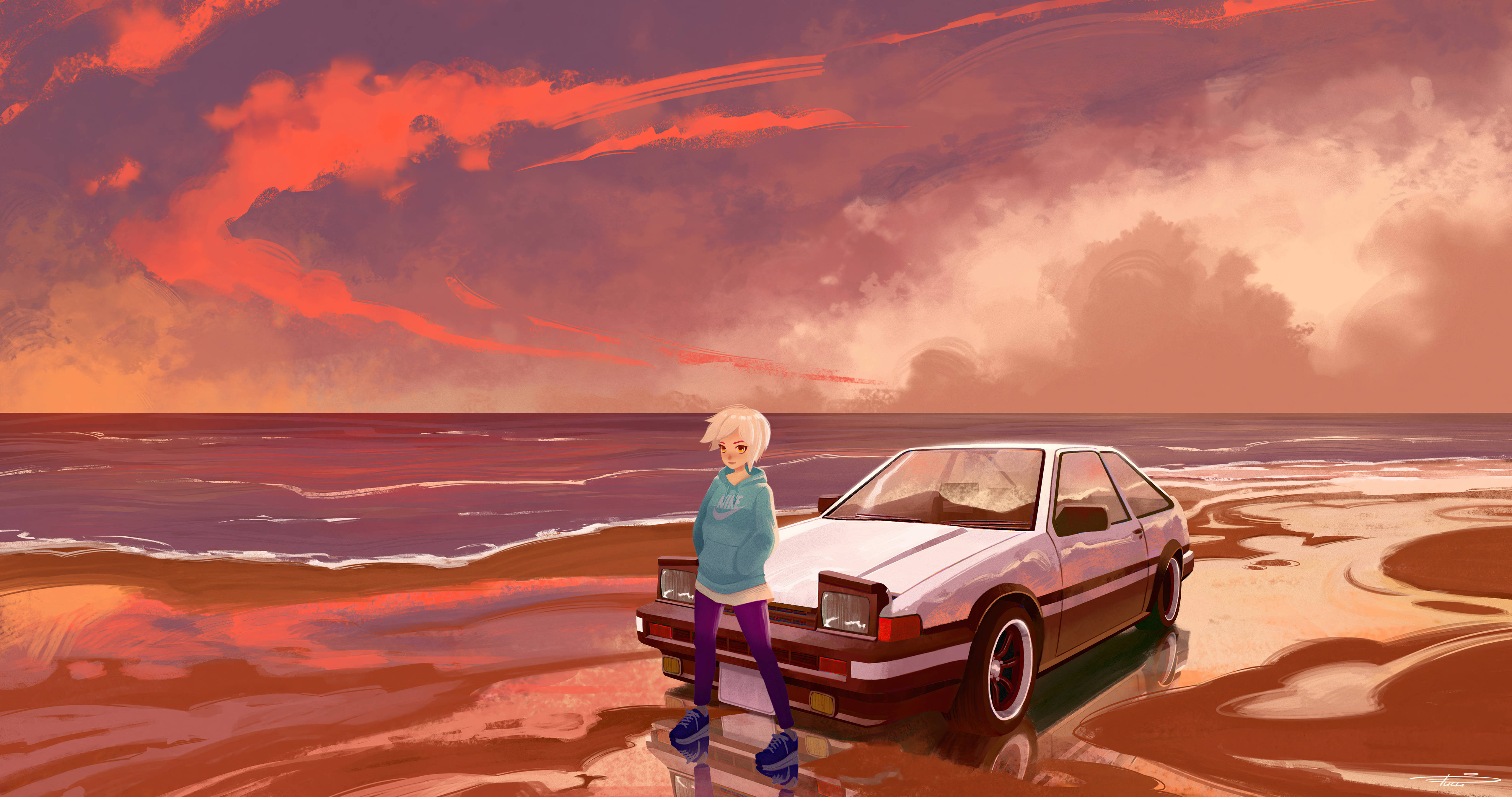 Chill 4K, anime girl, white sports car, 5K Desktop Wallpaper
