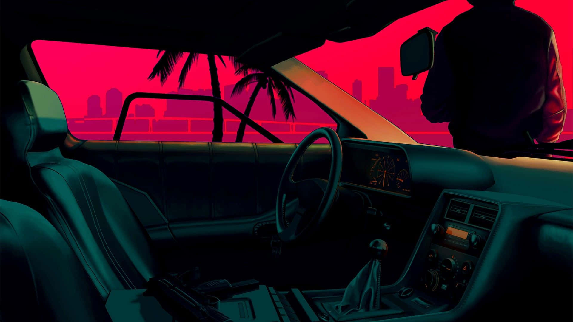 teal car interior, sunset, vibrant pink cityscape, Full HD Desktop Wallpaper