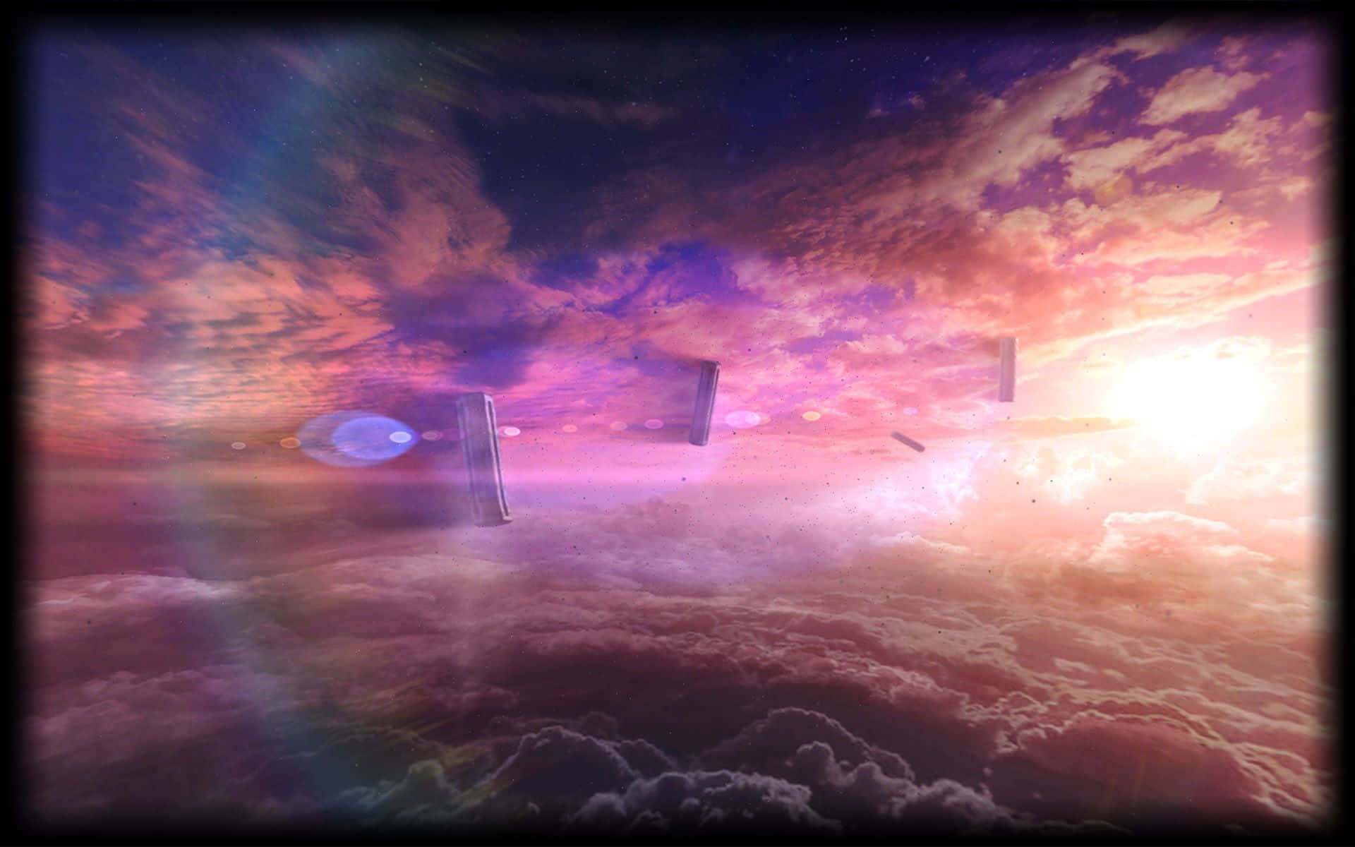 surreal sky, floating monoliths, vibrant pink purple and orange sunset hues, Full HD Desktop Wallpaper