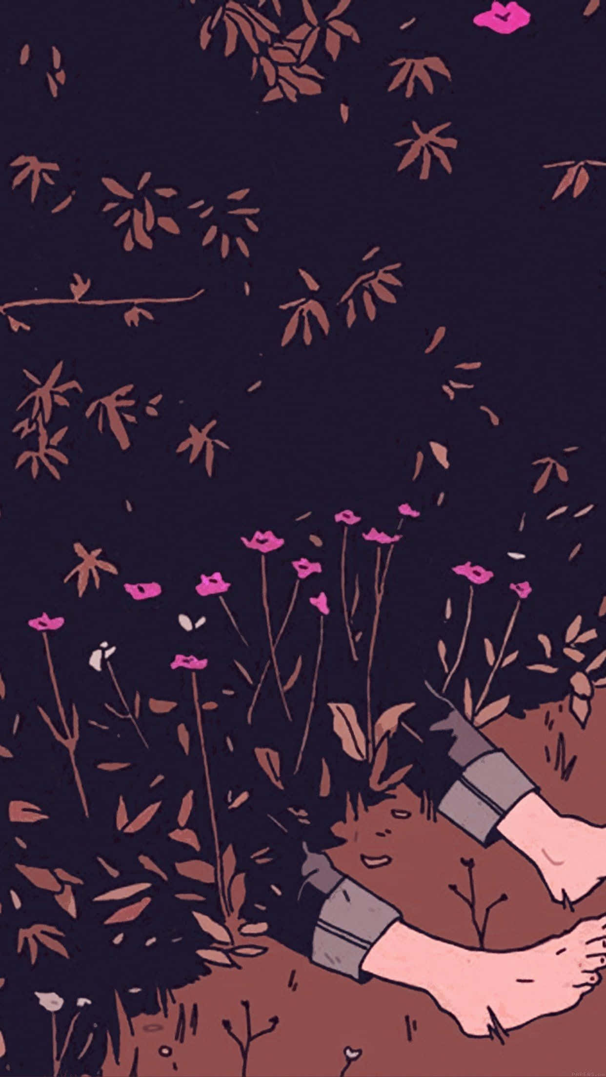 chill aesthetic, pink flowers, falling leaves, Full HD Phone Wallpaper