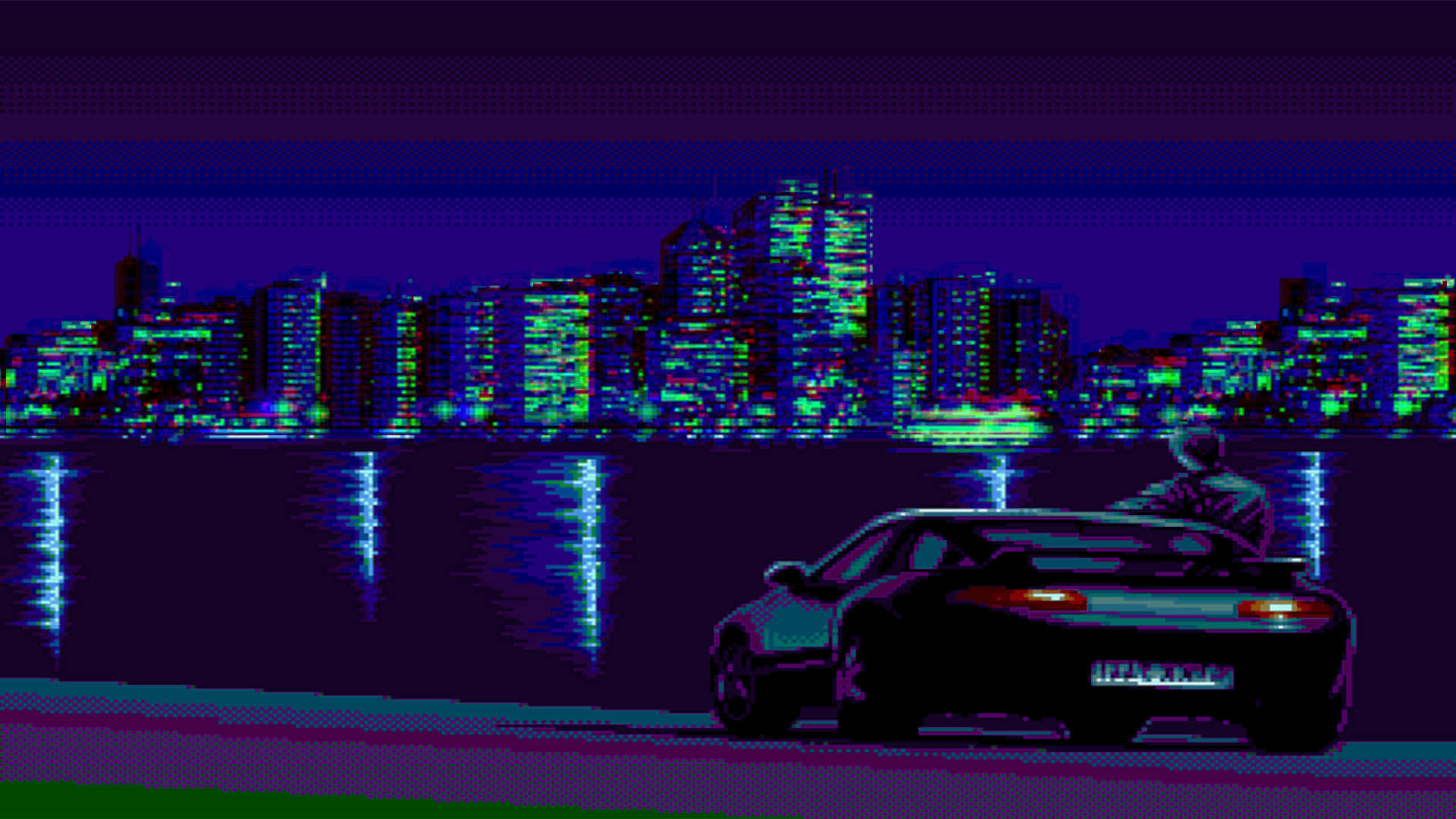pixelated sports car, waterfront, night, Full HD Desktop Wallpaper