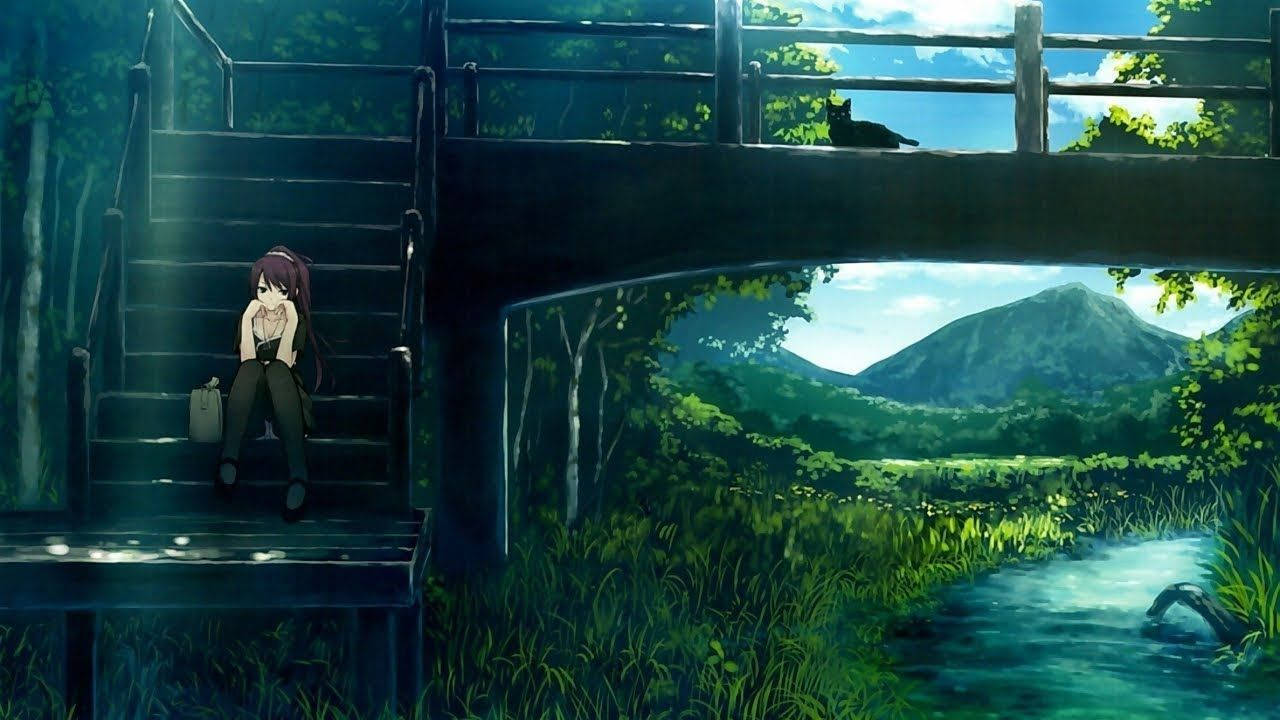 anime girl, wooden stairs, bridge, HD Desktop Wallpaper