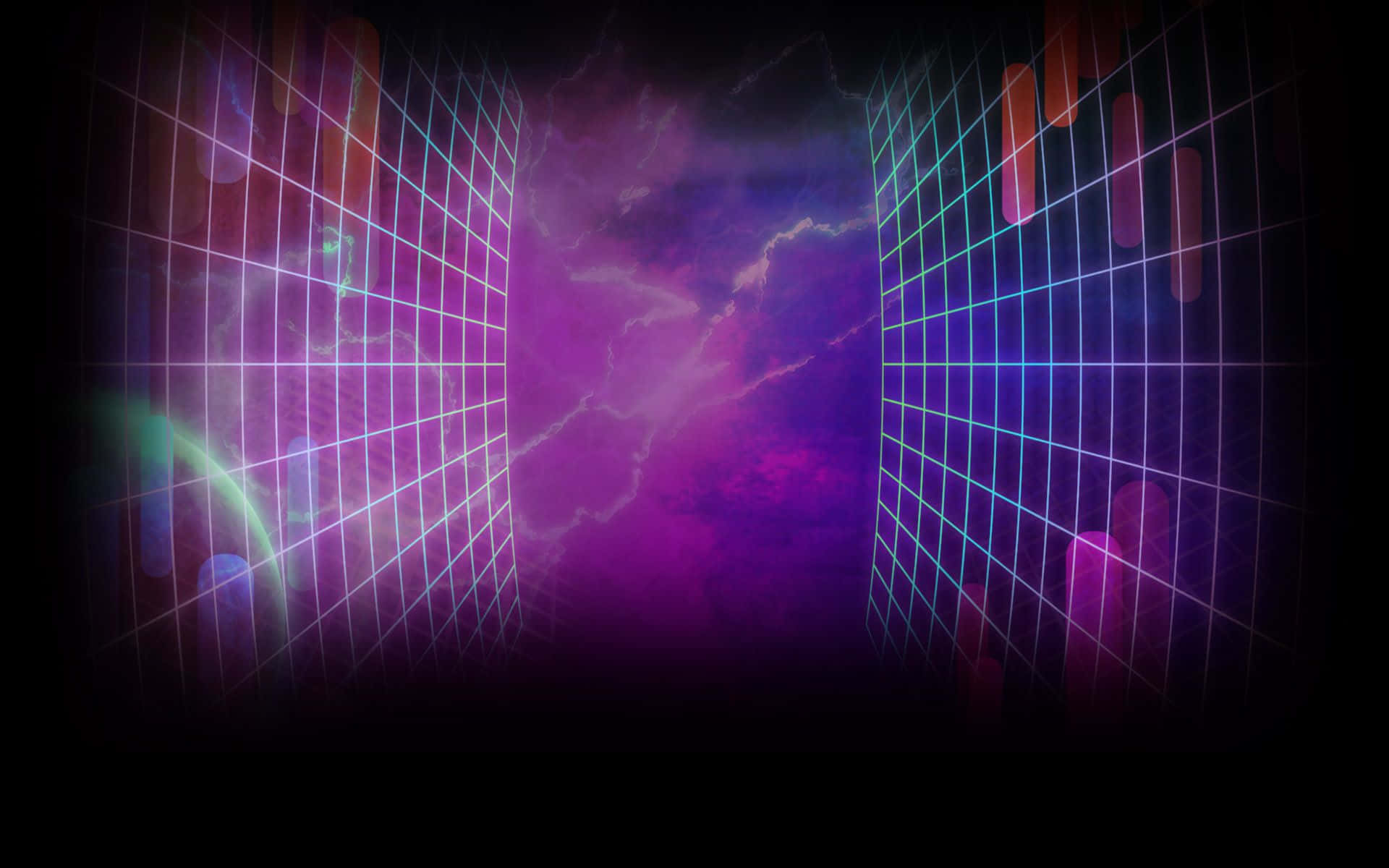 neon grid walls, cosmic purple nebula, electric lightning bolts, Full HD Desktop Wallpaper