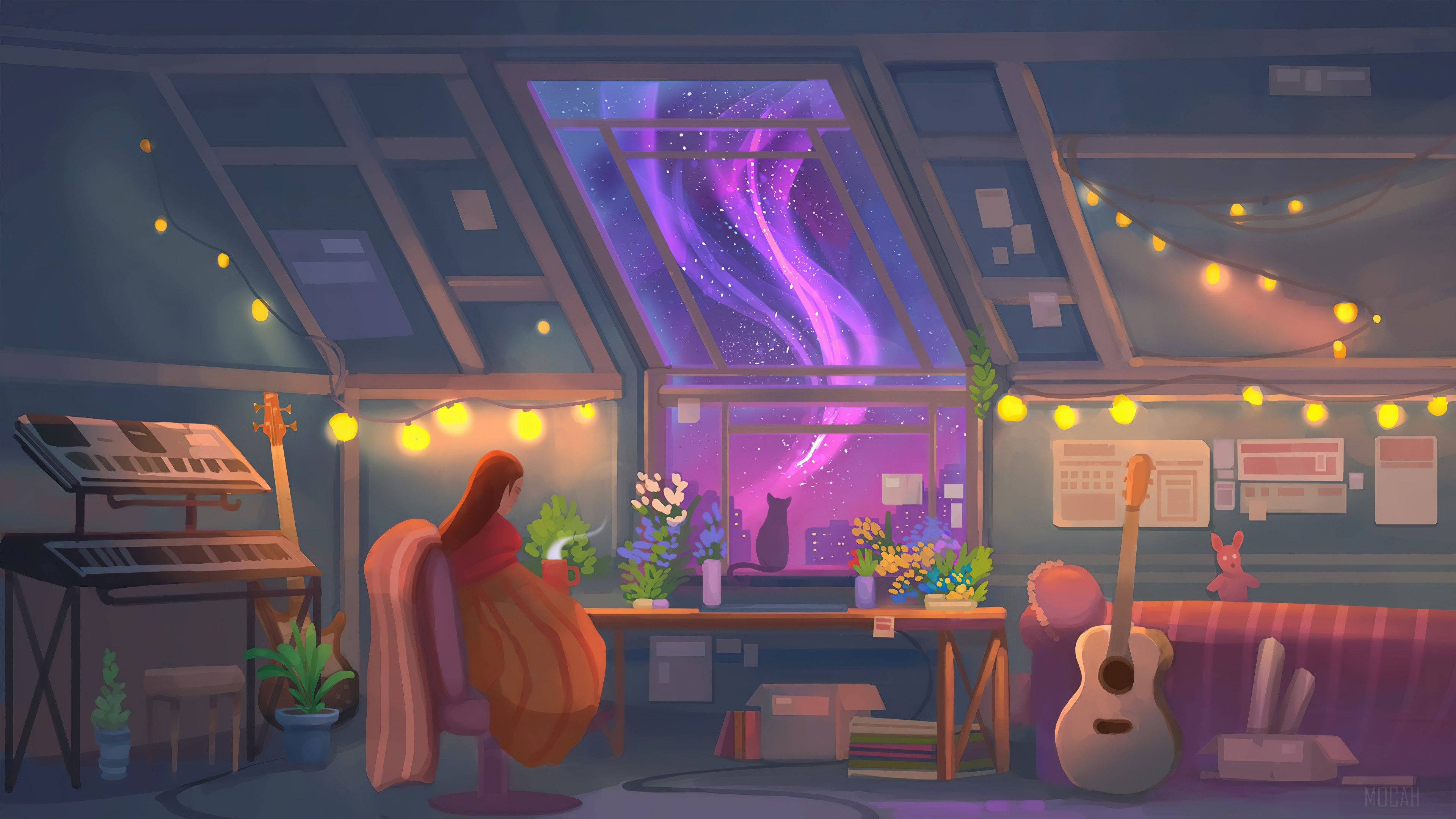 cozy attic room, string lights, person in a robe, 4K Desktop Wallpaper