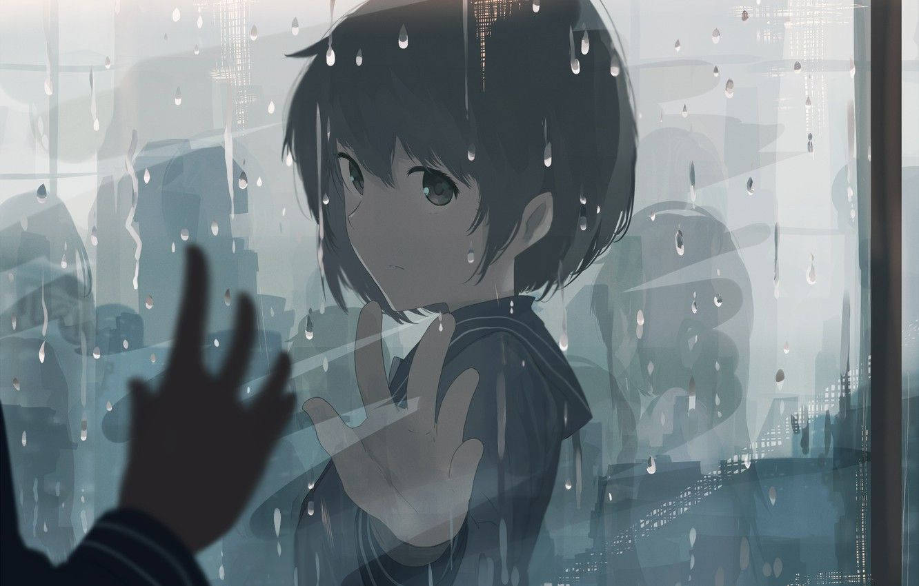 Chill Anime Girl, rain-streaked window, hand presses against the glass, HD Desktop Wallpaper