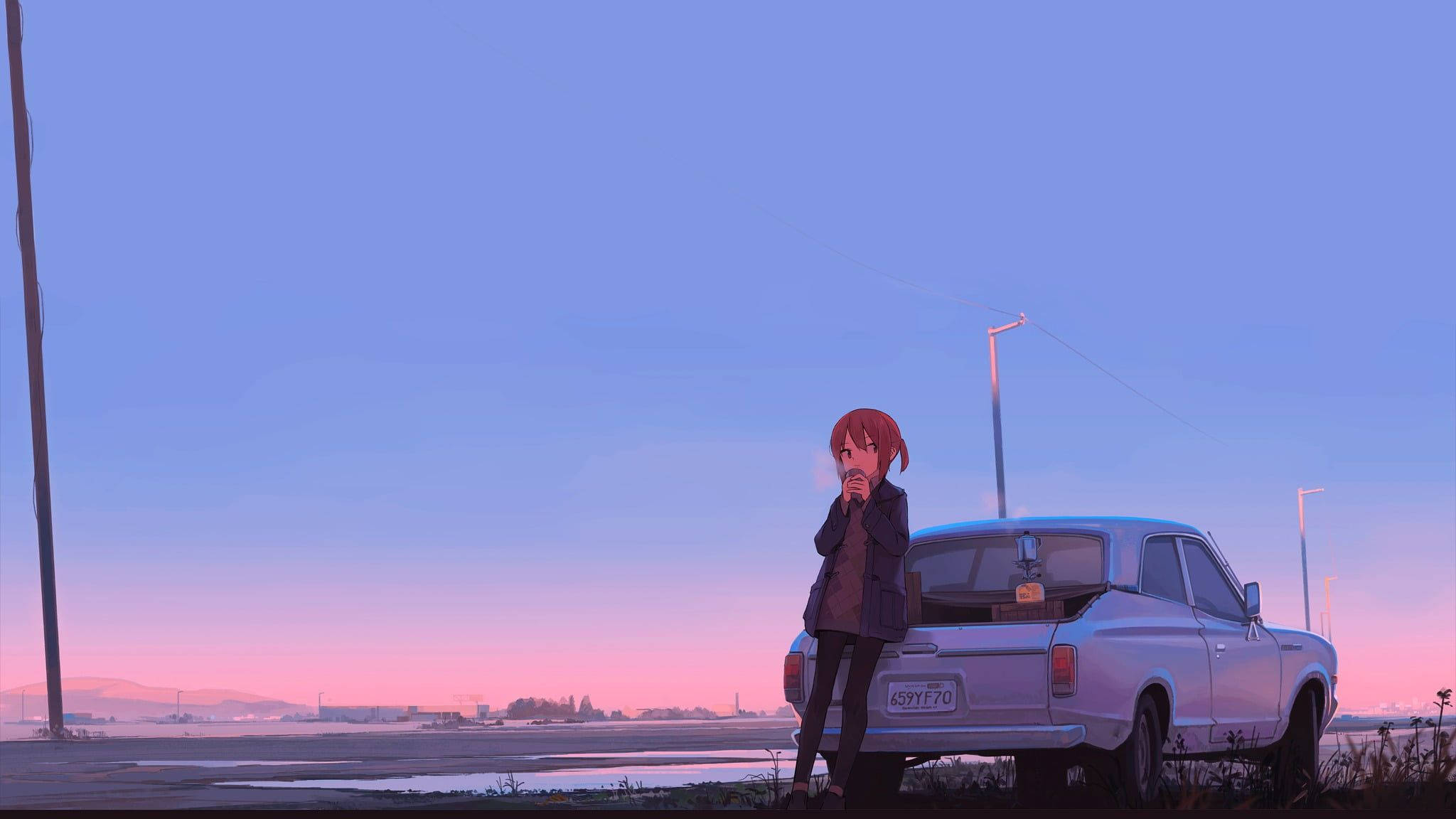 red-haired anime girl, vintage silver car, twilight sky, Full HD Desktop Wallpaper