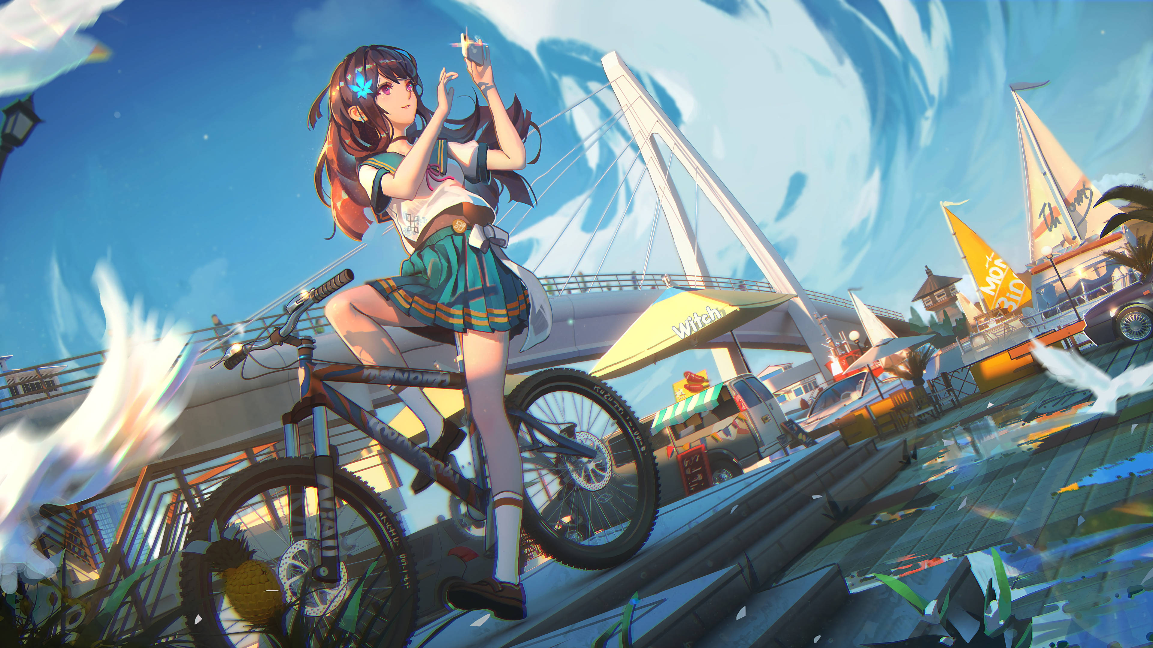 blue hair accessory, mountain bike, modern bridge, 4K Desktop Wallpaper