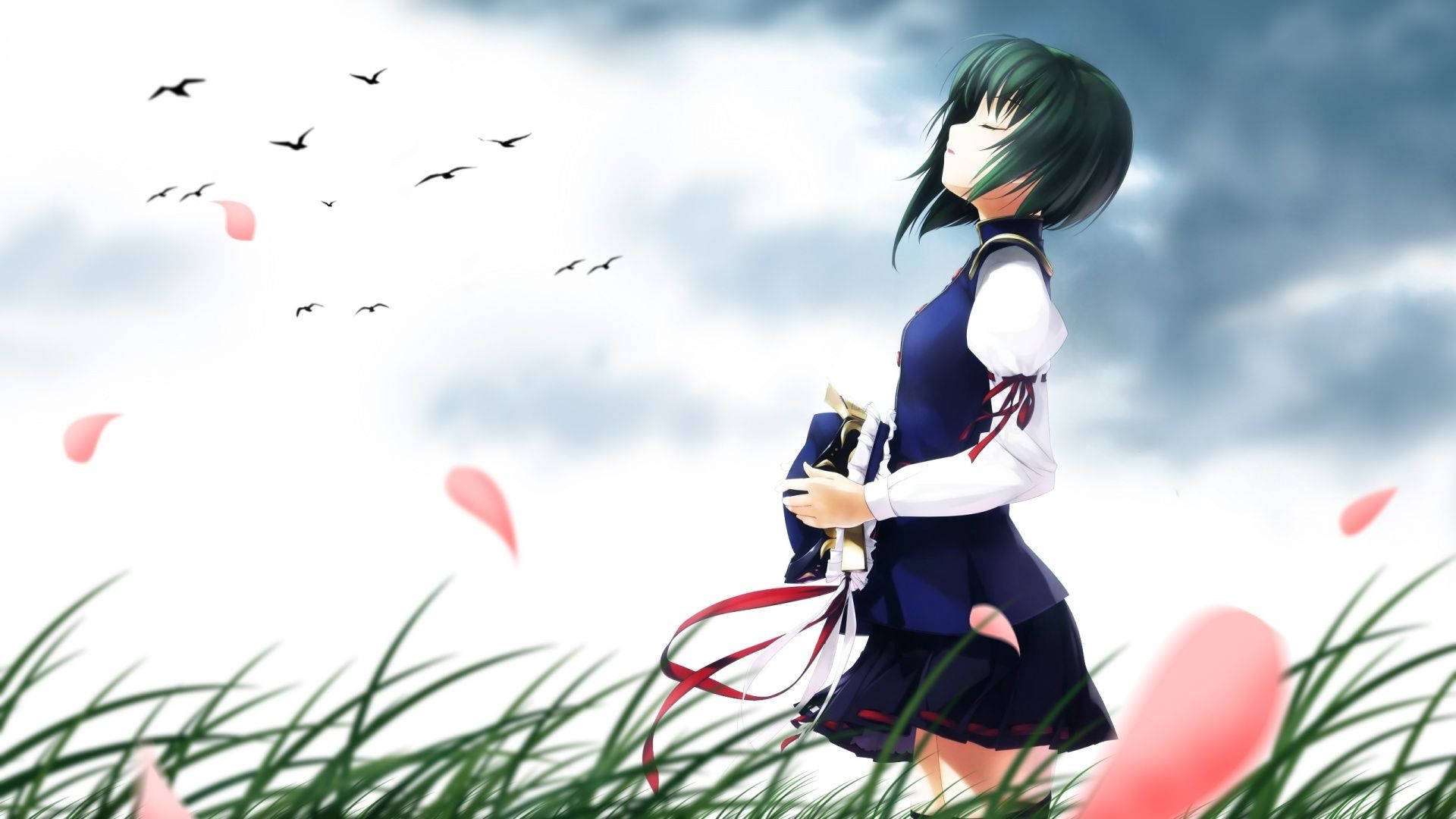 green-haired anime girl, school uniform, pink petals, Full HD Desktop Wallpaper