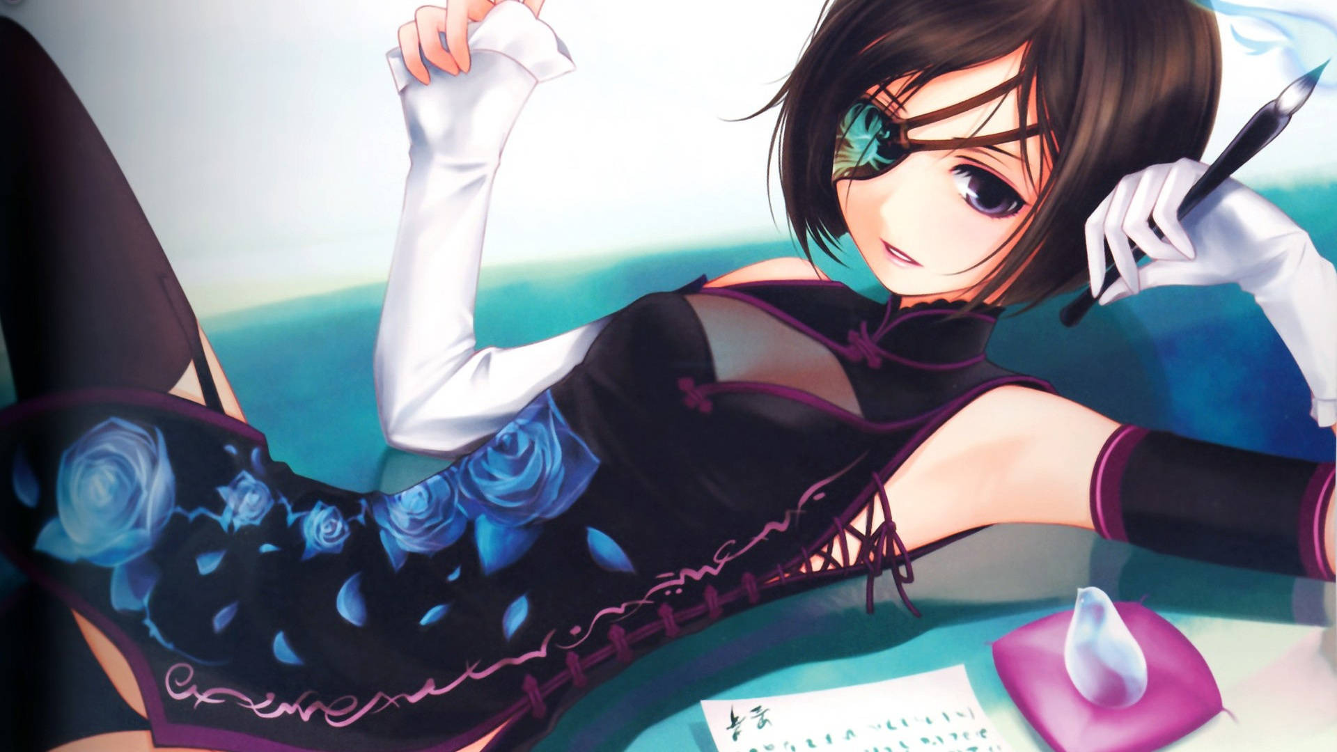 Anime girl, short brown hair, green eyepatch, Full HD Desktop Wallpaper