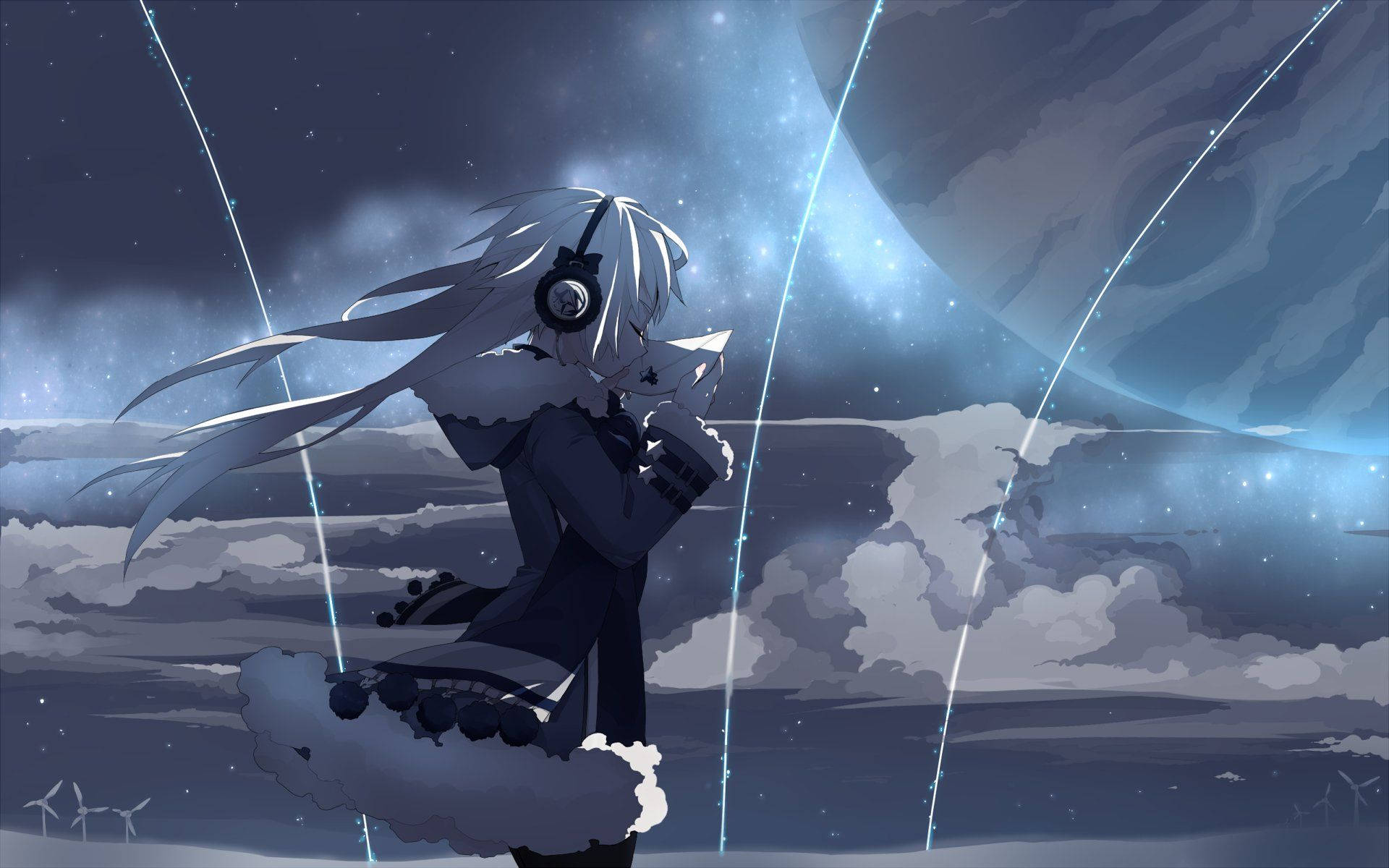 silver-haired anime girl, dark coat, cloud, Full HD Desktop Wallpaper