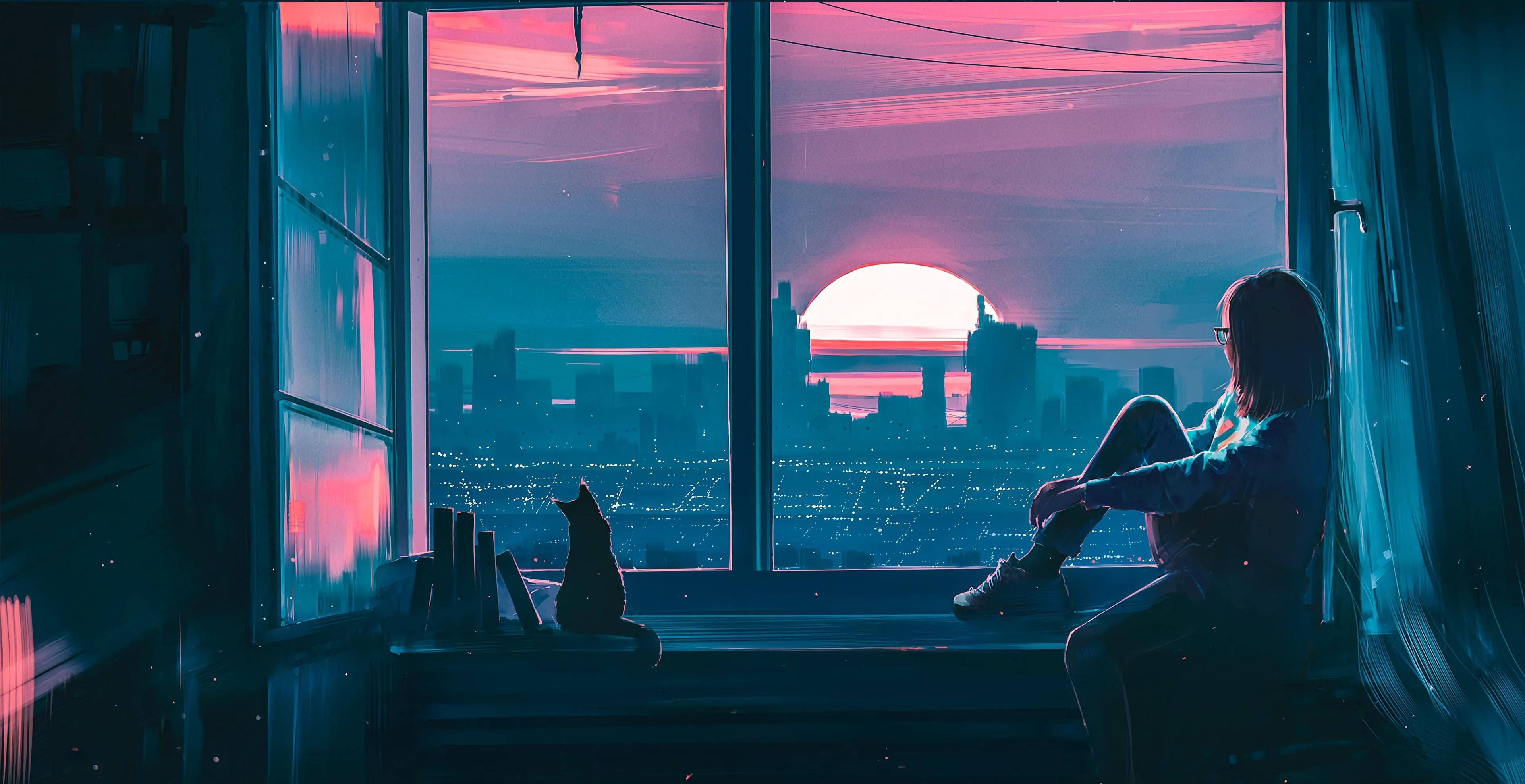 futuristic cityscape, glowing pink and blue sunset, lone figure, 4K Desktop Wallpaper