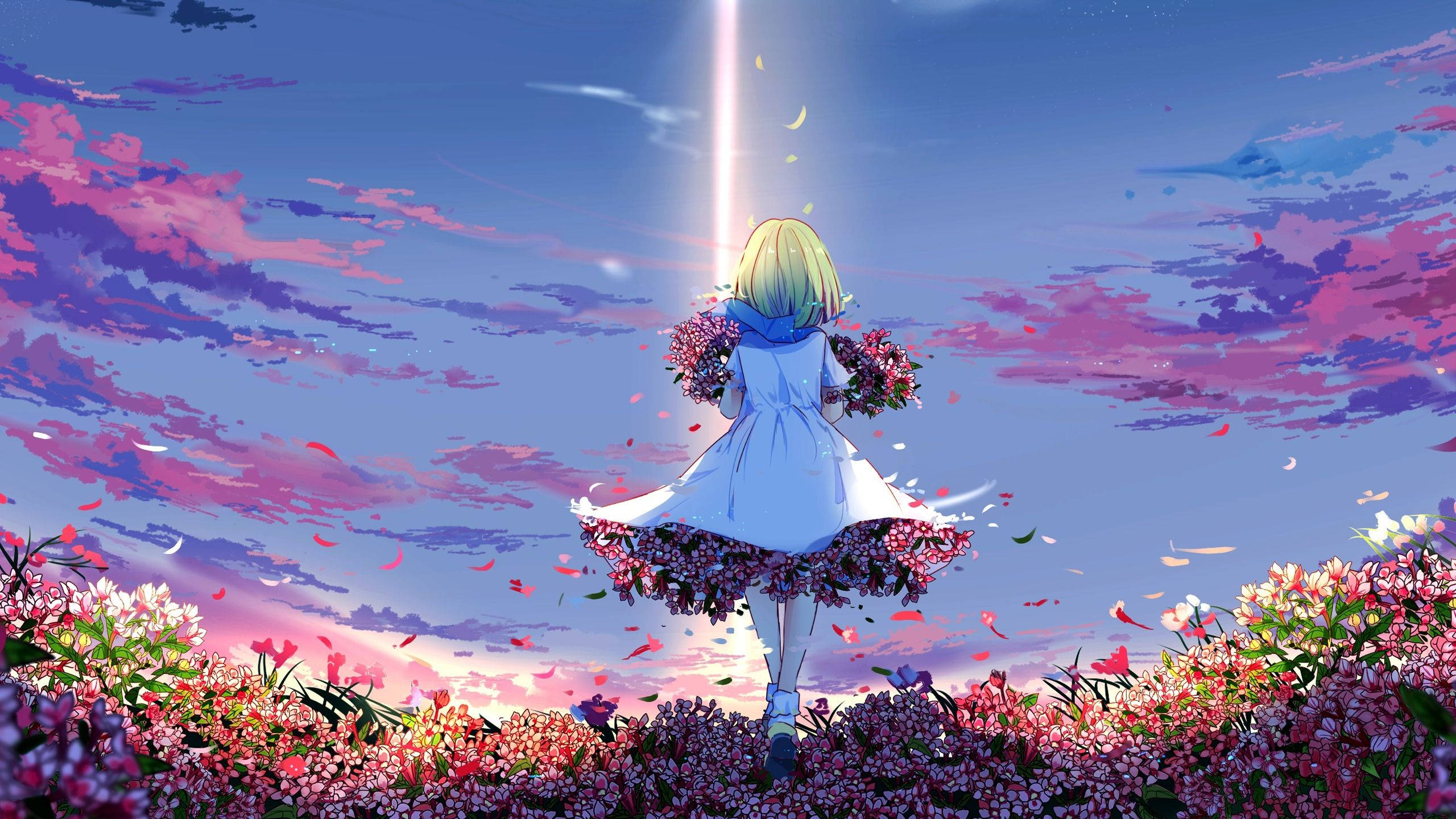 blonde anime girl, white dress, field of pink flowers, 2K Desktop Wallpaper