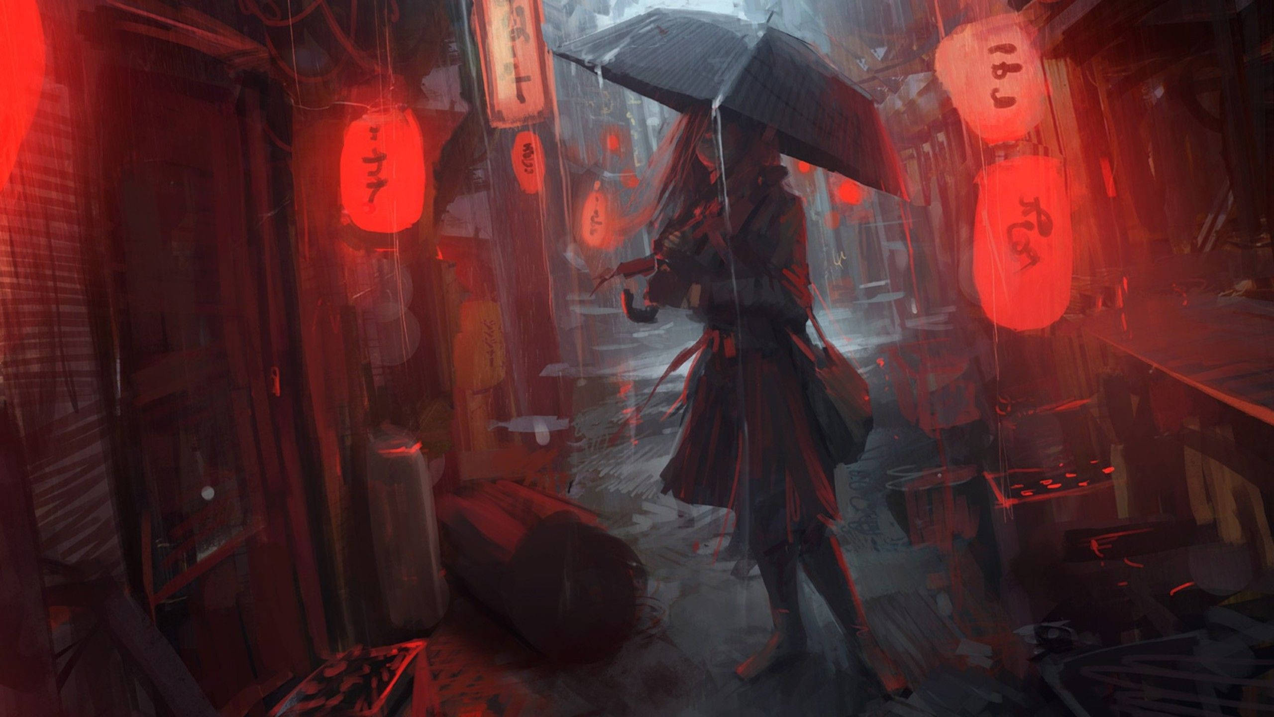 rainy alley, black umbrella, glowing red lanterns, 2K Desktop Wallpaper