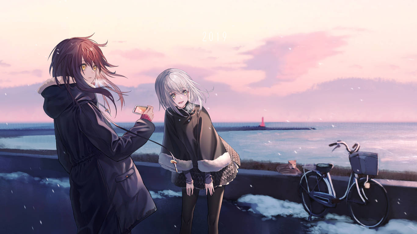 chill anime, snowy seaside, dusk, HD Desktop Wallpaper