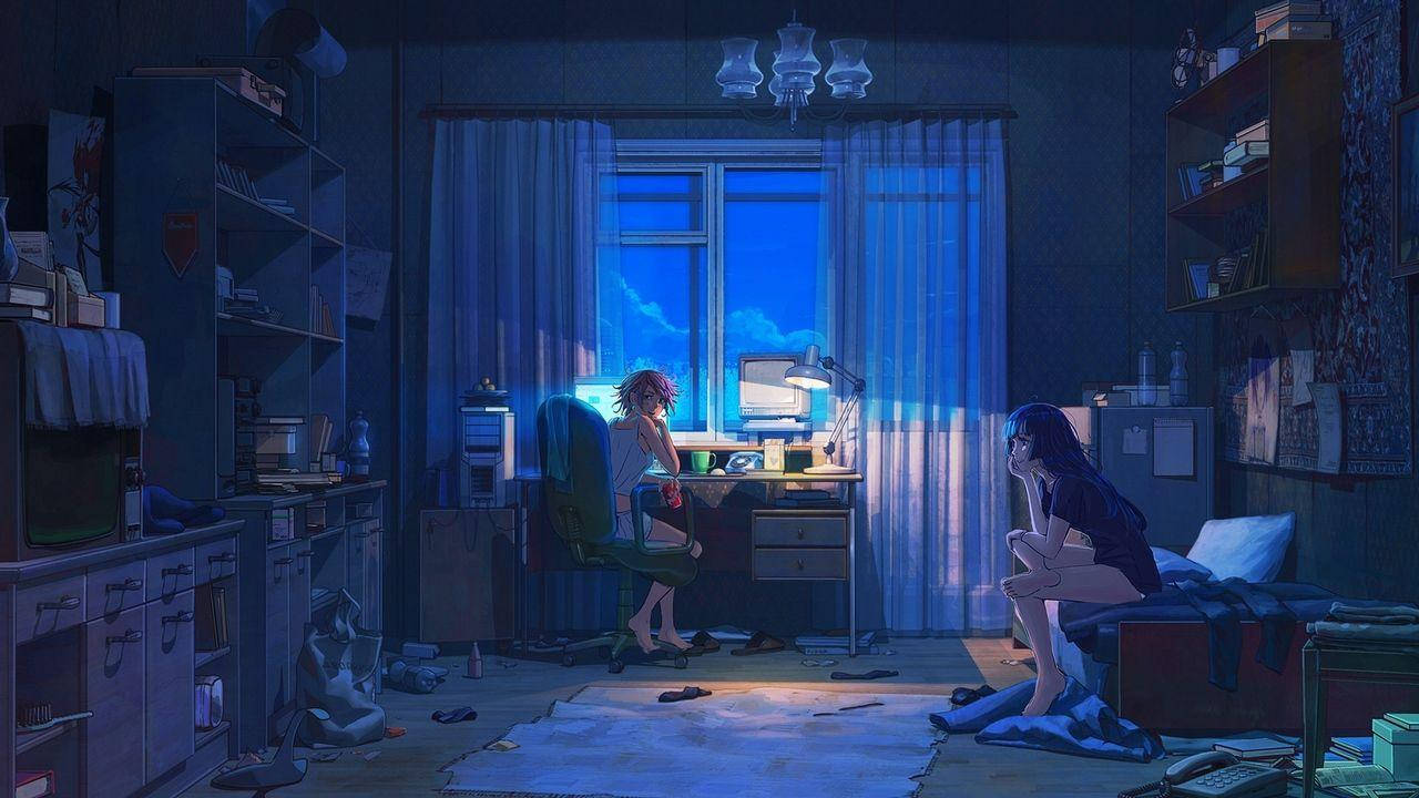 anime girls, cluttered bedroom, night, HD Desktop Wallpaper
