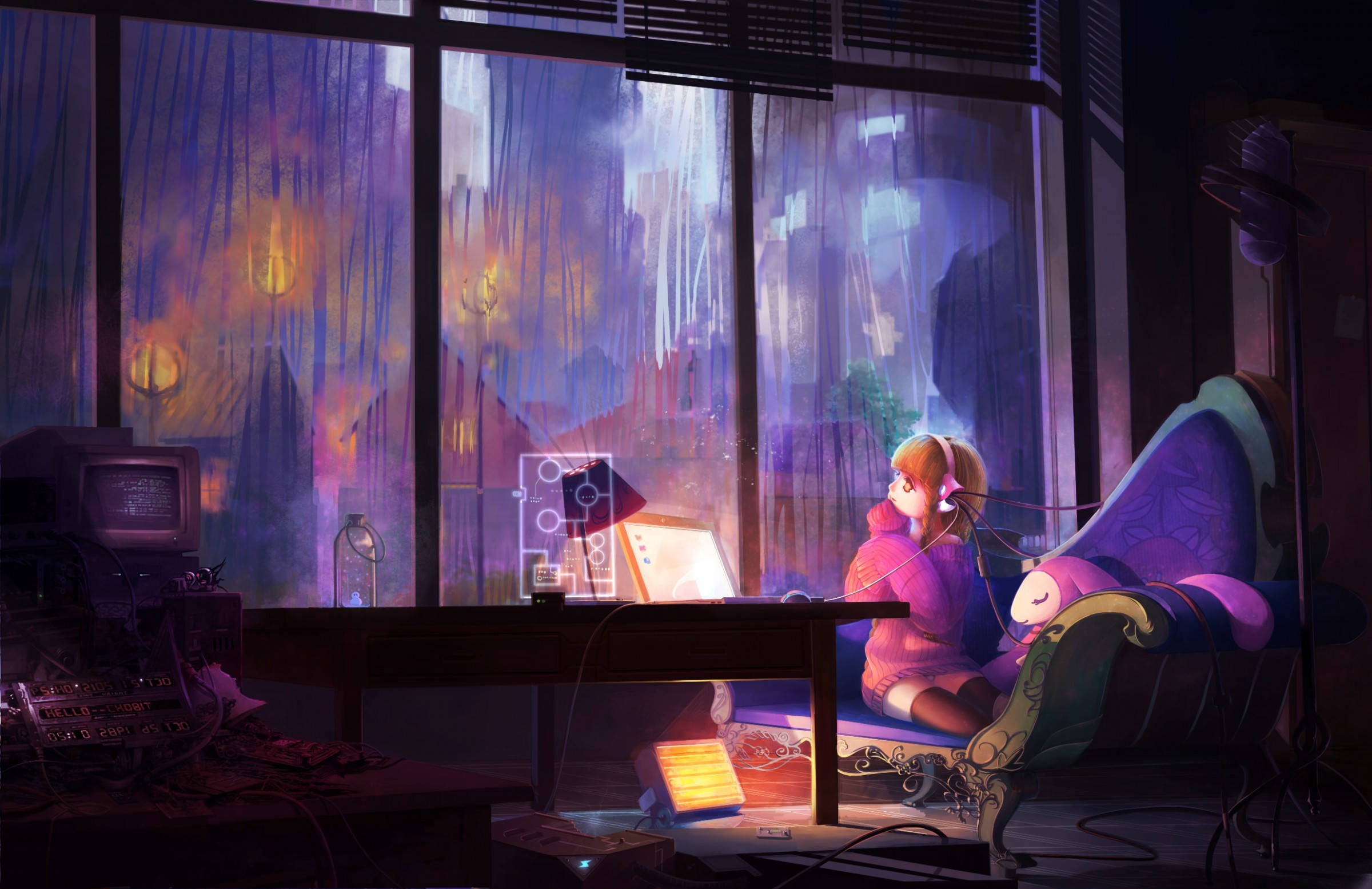pink hoodie, cluttered desk, large window, Full HD Desktop Wallpaper