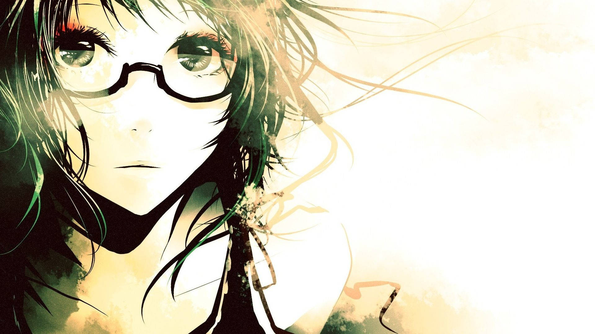 anime girl, glasses, wind-blown hair, Full HD Desktop Wallpaper