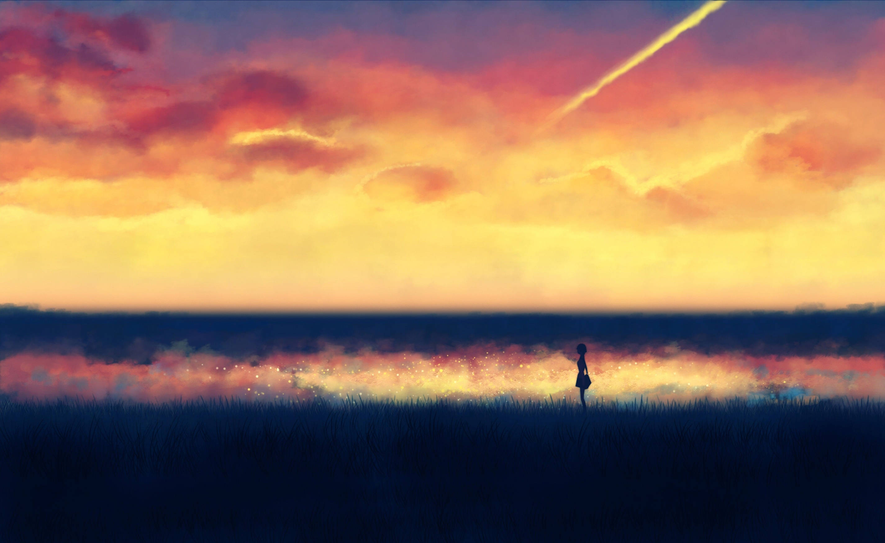 sunset, fiery orange pink and purple clouds, lone silhouette, 2K Desktop Wallpaper