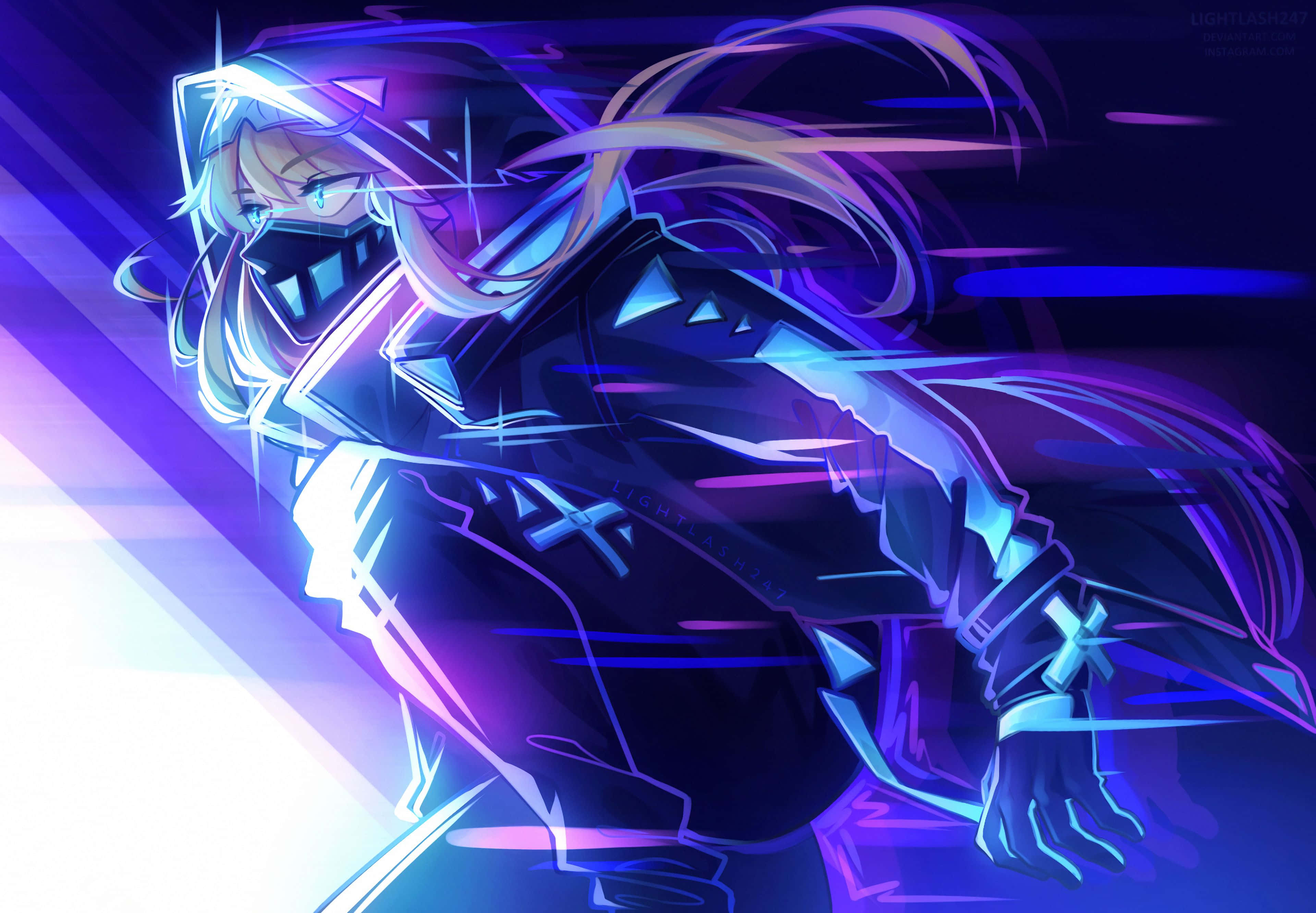 neon stealth anime character, glowing blue and purple hair, armor, 4K Desktop Wallpaper